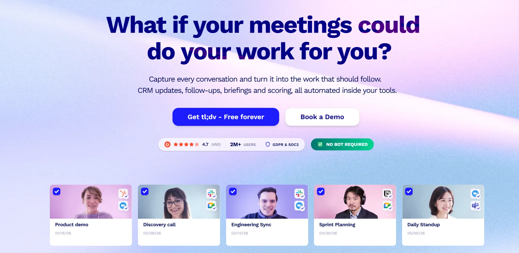 tl;dv AI meeting notetaker homepage with no-bot capture, CRM automation, and compliance badges