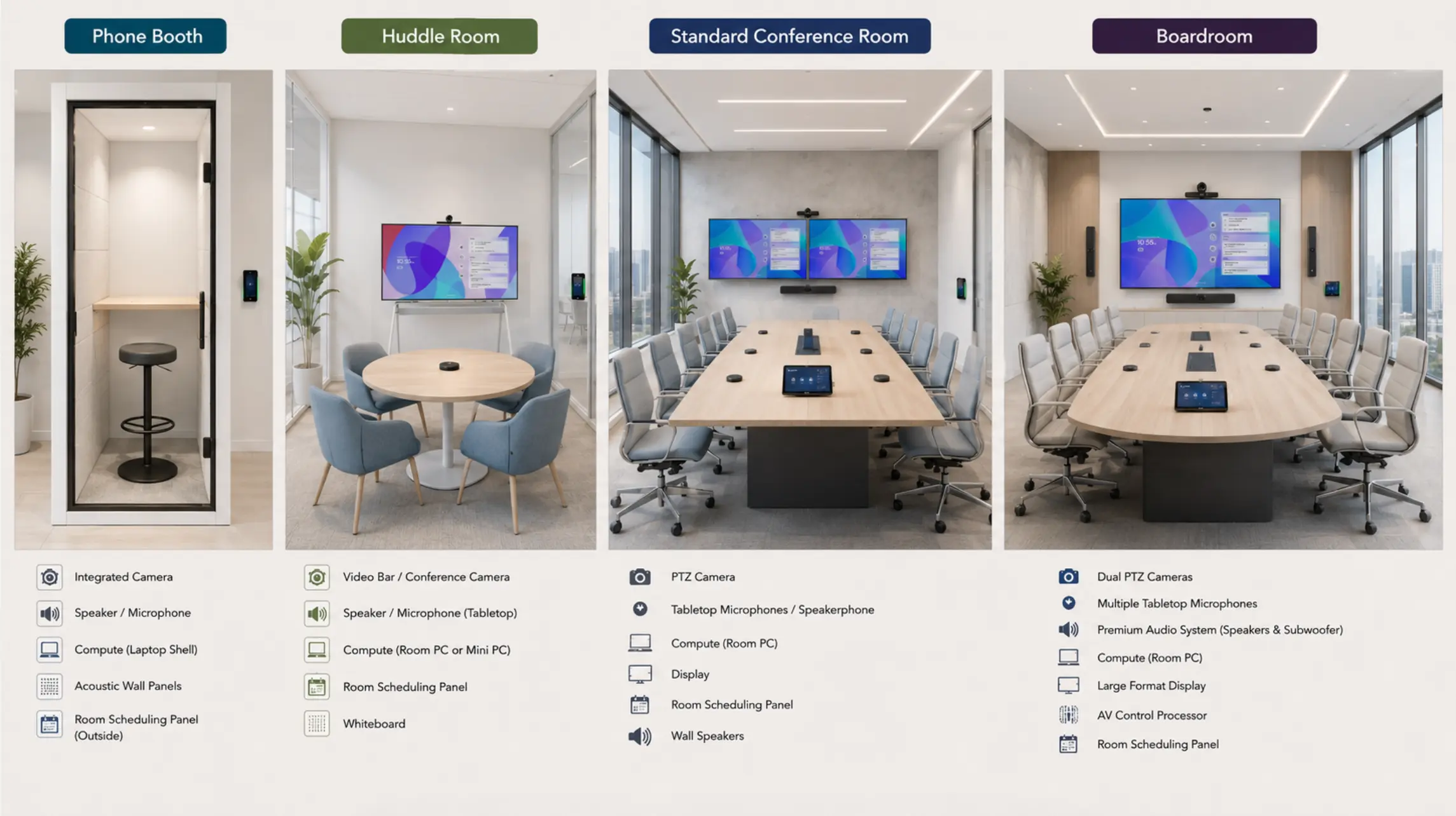 Four room types side by side — phone booth, huddle room, standard conference room, boardroom