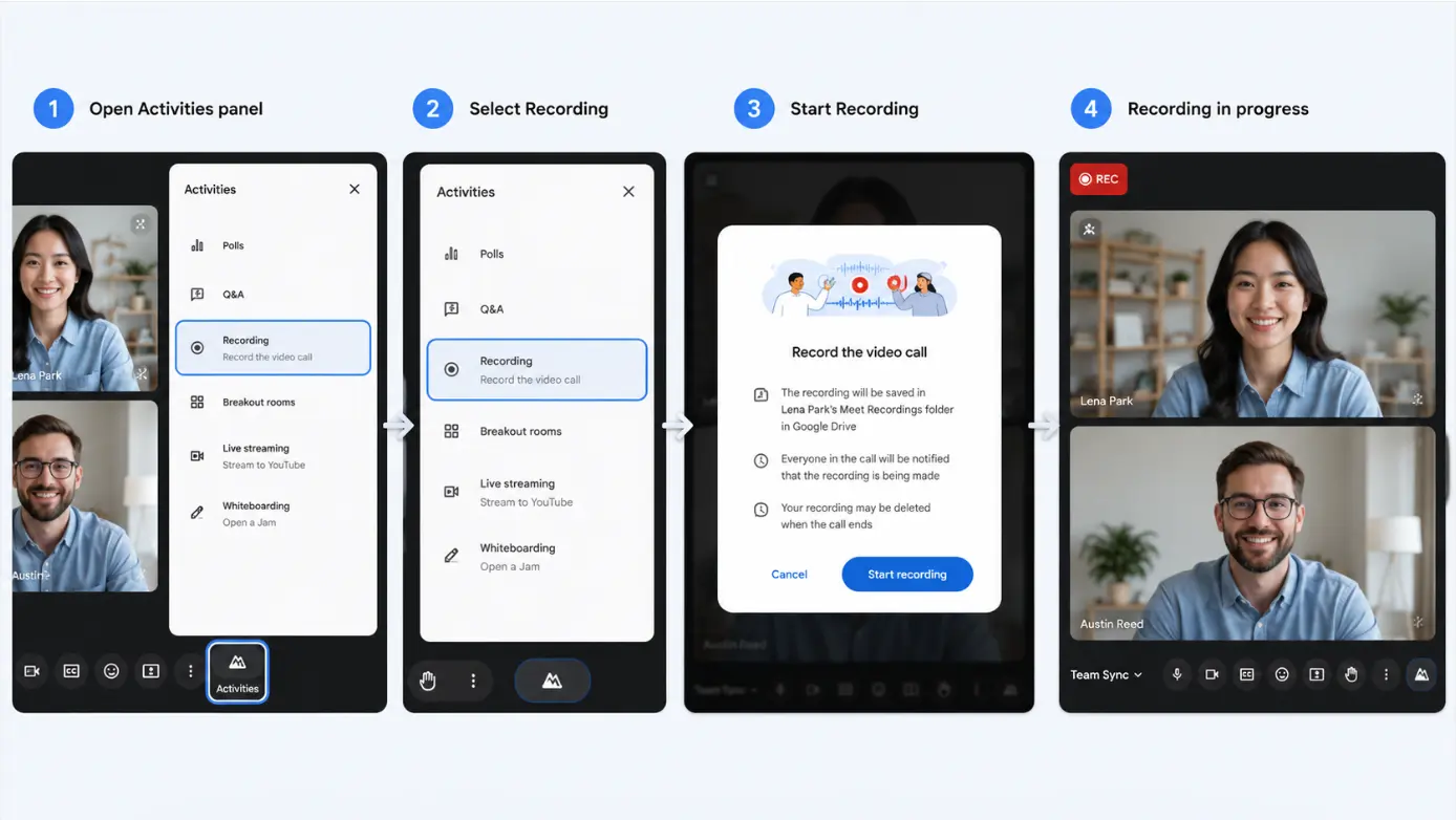 Step-by-step screenshots showing how to start a recording in Google Meet