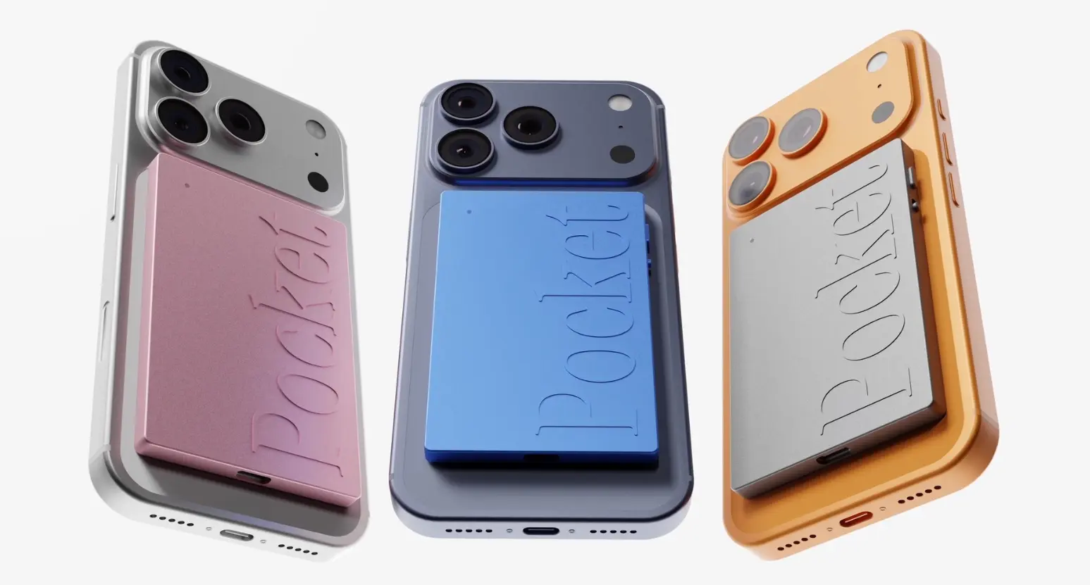 Pocket AI phone-attached recording device in pink, blue, and orange colors on smartphones