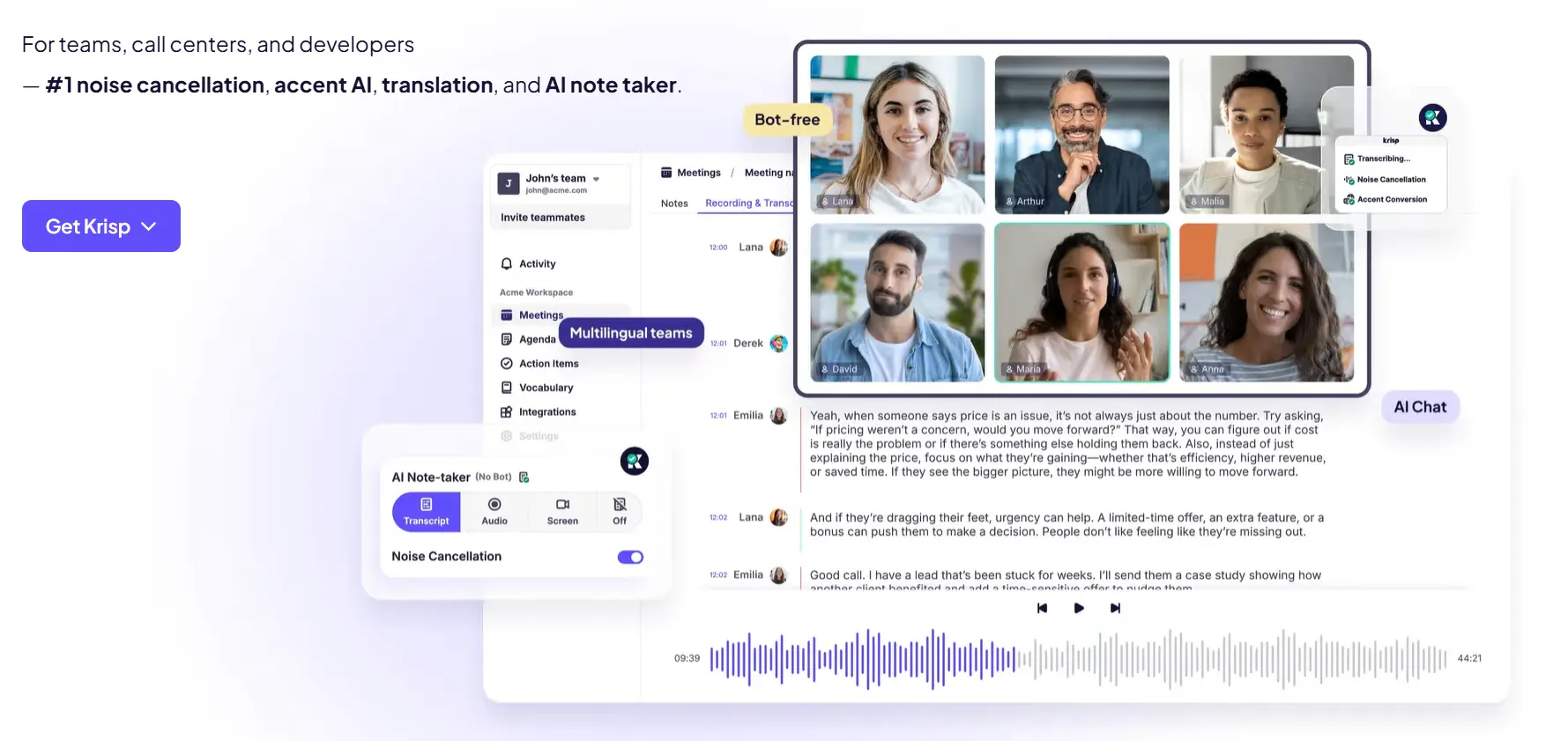 Krisp AI software with bot-free transcription, noise cancellation, and AI notes