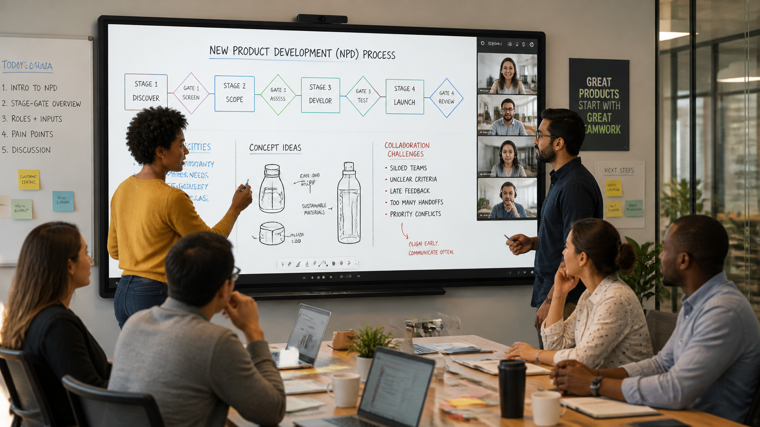 A cross-functional team gathered around a large interactive whiteboard in a modern conference room, sketching product concepts and reviewing a stage-gate diagram. Mix of in-room and remote participants visible on the board's video tile.