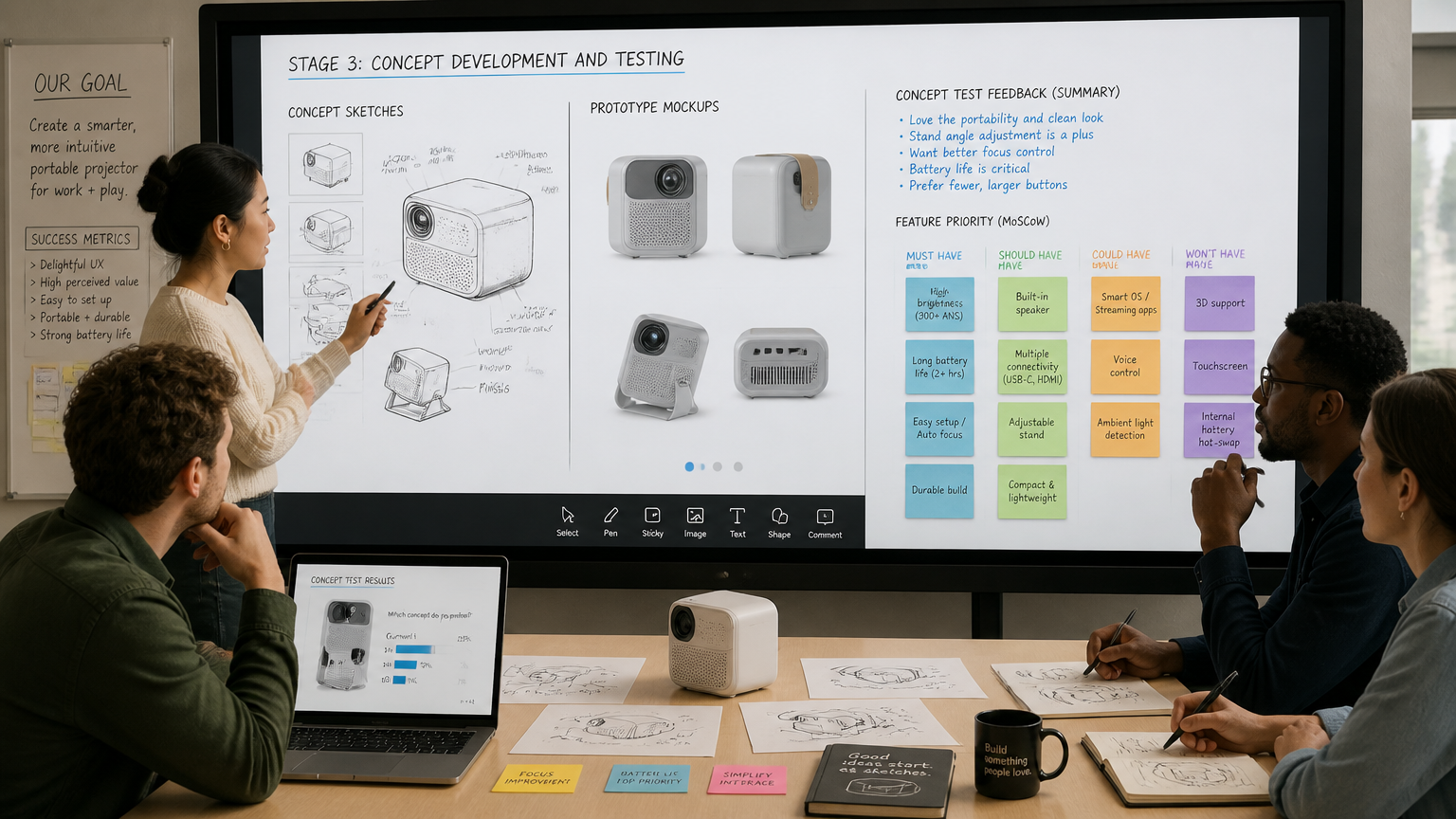 Product development team reviewing concept sketches and prototype mockups on an interactive display, sticky notes with feature priorities arranged in columns.