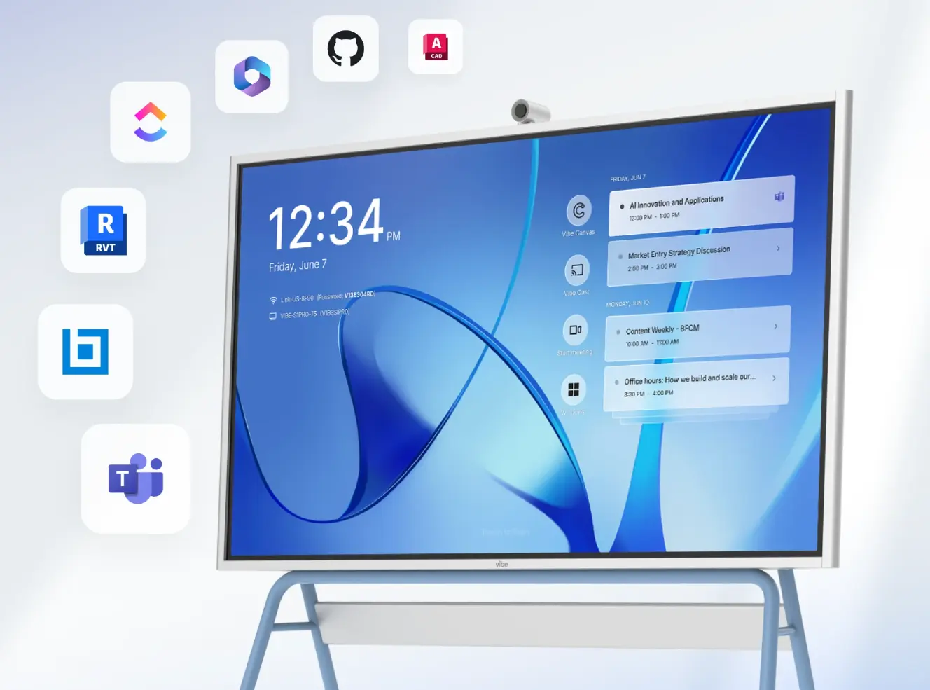 Vibe Board S1 Pro on rolling stand showing meeting calendar with app integrations including Teams, GitHub, AutoCAD, and Revit