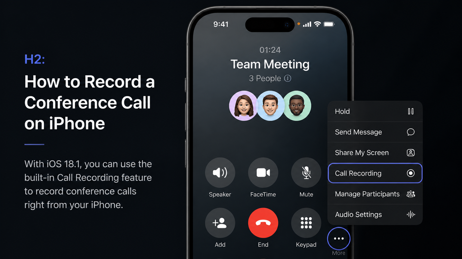 iPhone screen showing the Call Recording interface in iOS 18.1, with the More menu expanded and the Call Recording option highlighted, plus a preview of the Notes app Call Recordings folder