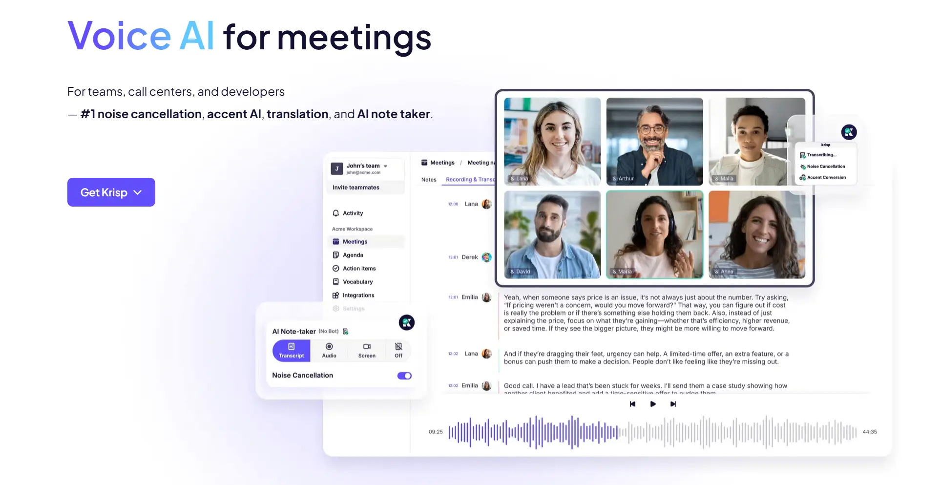 Krisp Voice AI homepage with noise cancellation, transcription, and AI note-taker demo