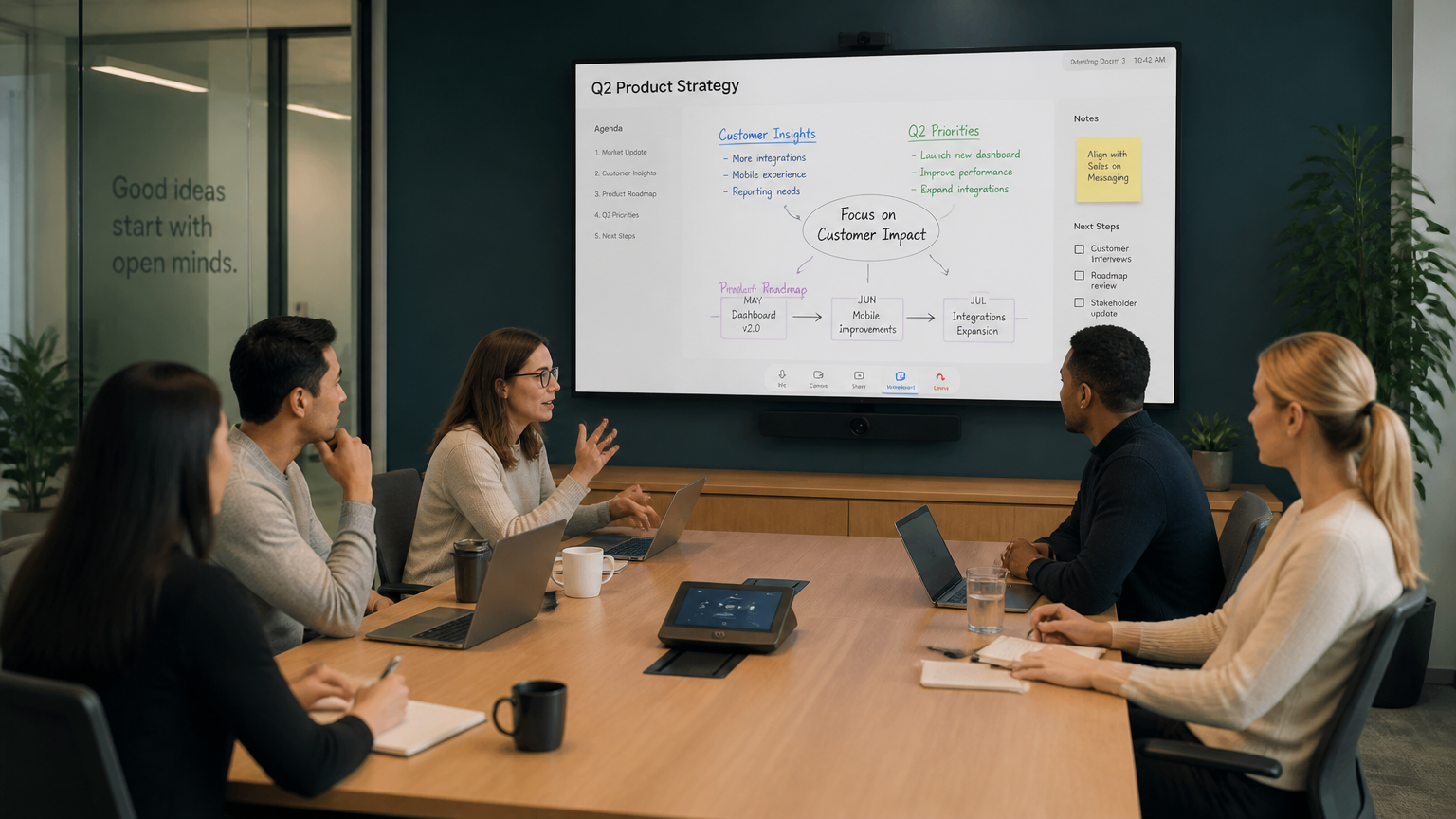 Modern meeting room with Vibe Board smart whiteboard on the wall, team members seated around conference table, professional environment