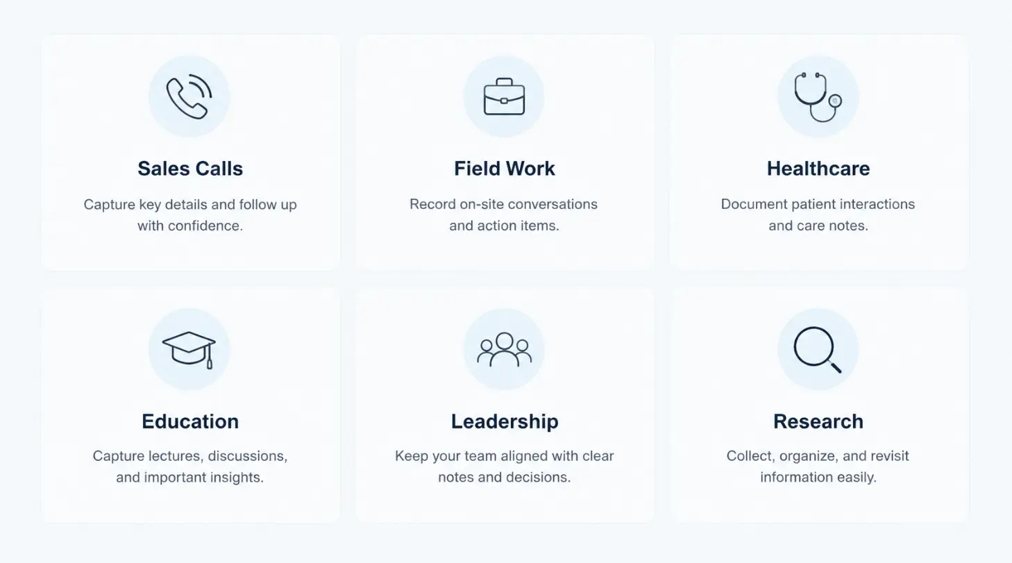 Top AI recorders use cases: Sales Calls, Field Work, Healthcare, Education, Leadership, Research