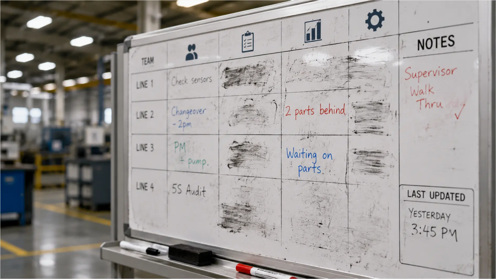 Close-up of a handwritten manufacturing whiteboard with partially erased assignments and a "last updated" time from yesterday