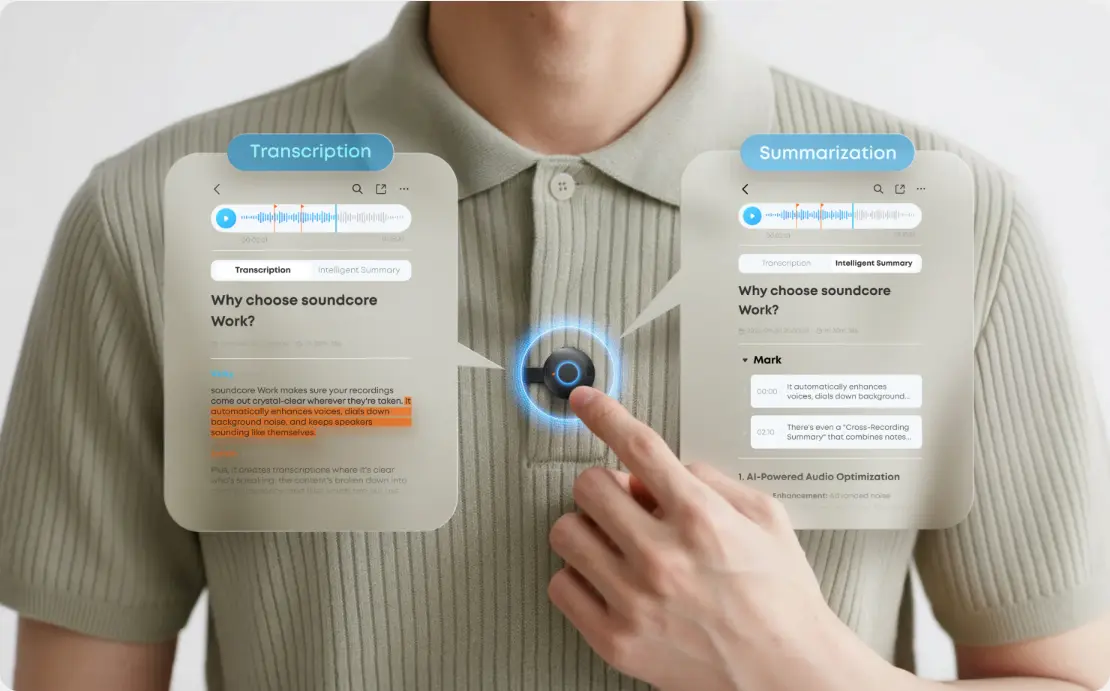 Soundcore Work AI recorder with transcription and summarization app screens