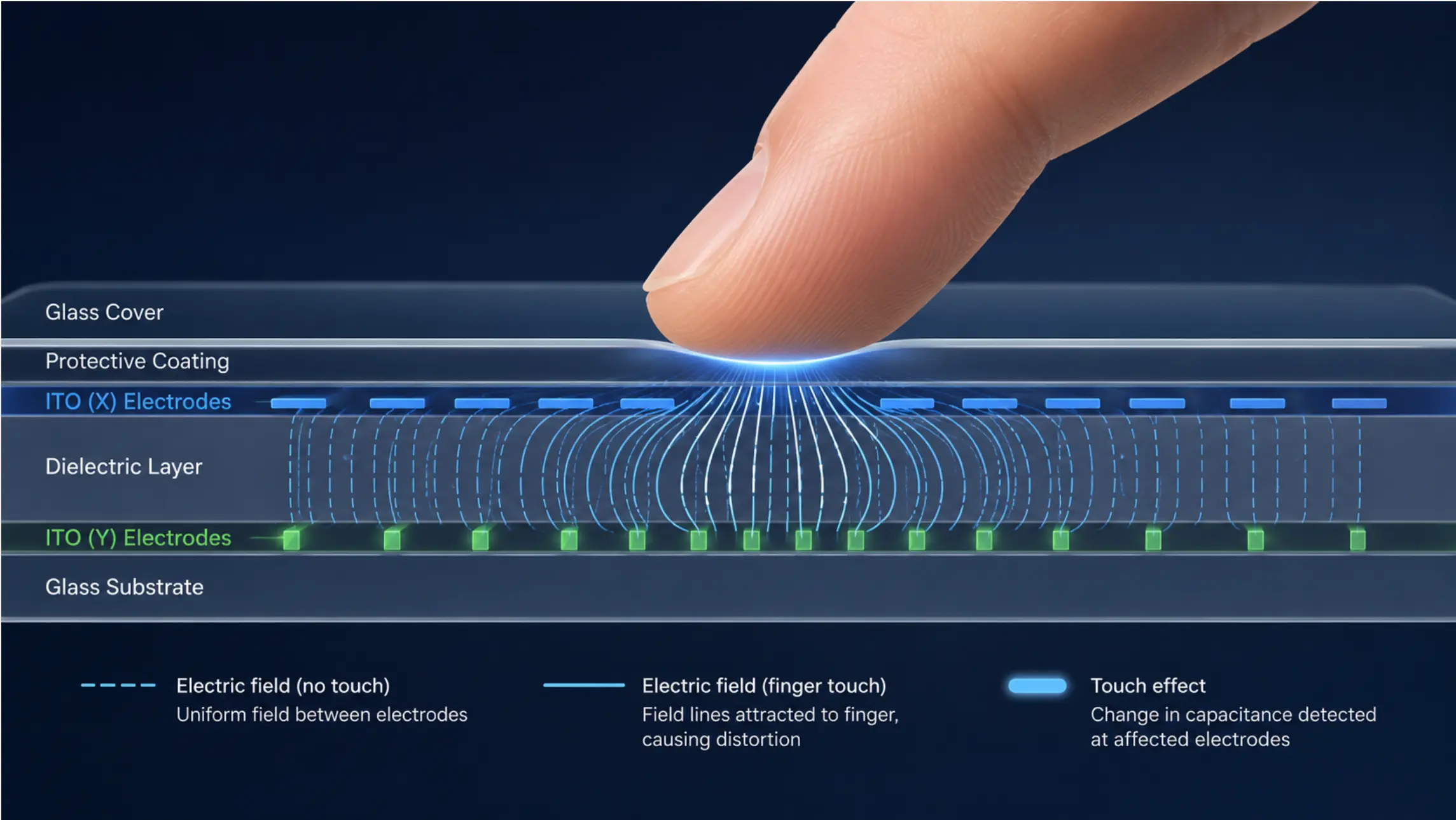 Close-up diagram of a capacitive screen layer showing the electrical field distortion when a finger makes contact