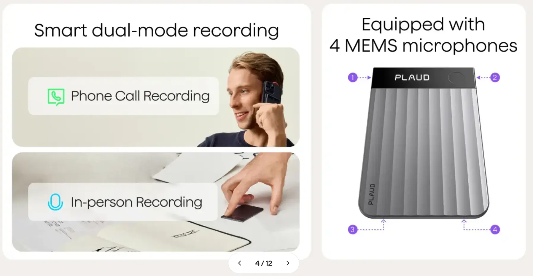 PLAUD recorder with dual-mode recording features—phone call and in-person—and 4 MEMS microphone array diagram