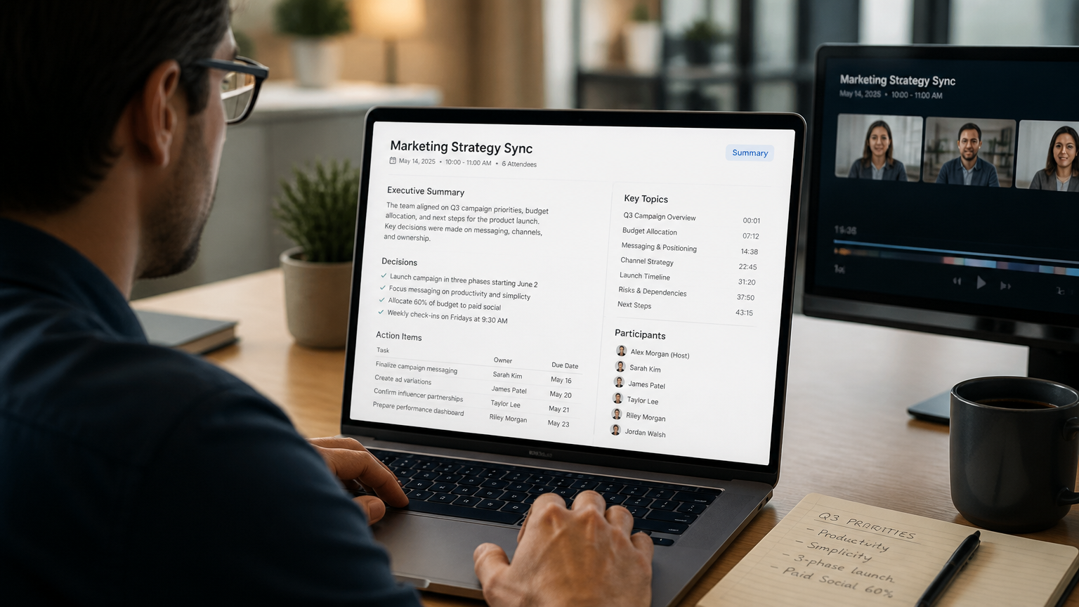 A professional knowledge worker at a modern desk reviewing a structured document summary on a laptop screen, with a second screen showing a meeting recording timeline in the background. Warm office lighting with depth of field focus on the primary screen showing clean, organized content.