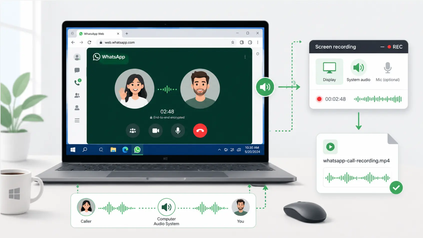 ecord WhatsApp call on desktop — WhatsApp Web with screen recording software capturing display, system audio, and saving as MP4 file