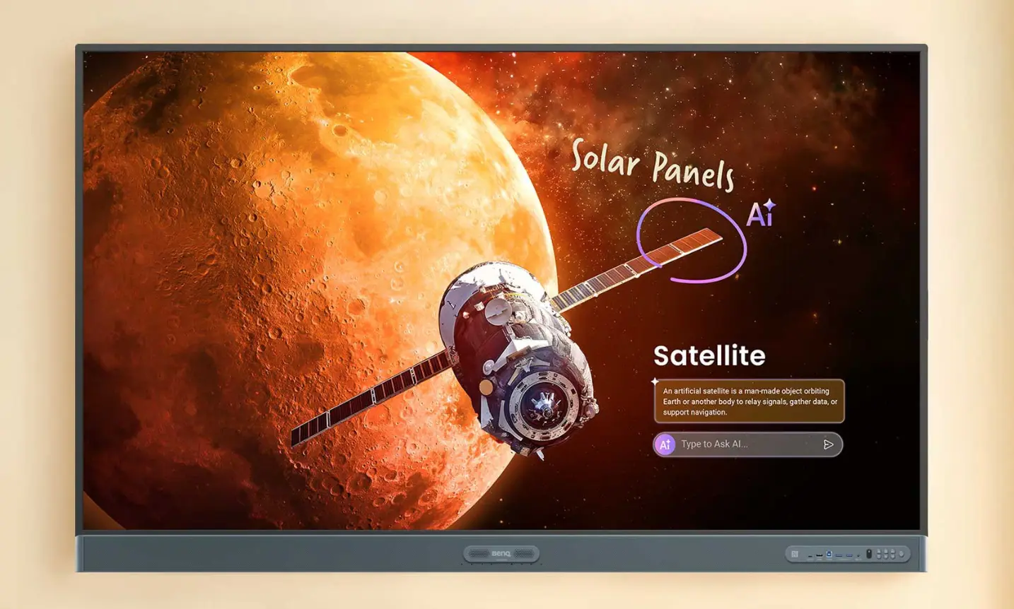 BenQ Board Pro RP05 displaying a space science lesson with AI-powered annotation and Ask AI feature