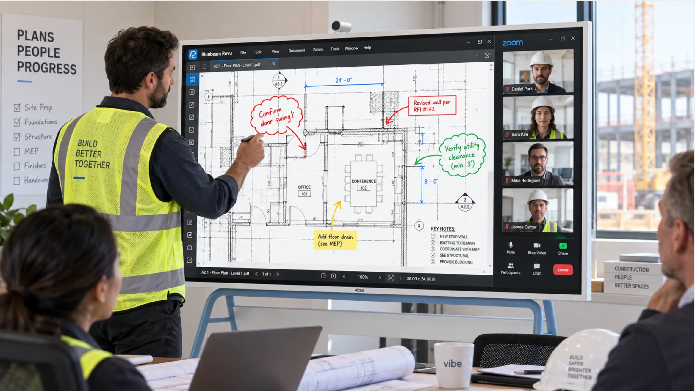 Vibe Board S1 Pro interface showing Bluebeam Revu open with a construction drawing, a team member annotating with a stylus, and a Zoom call sidebar showing remote participants