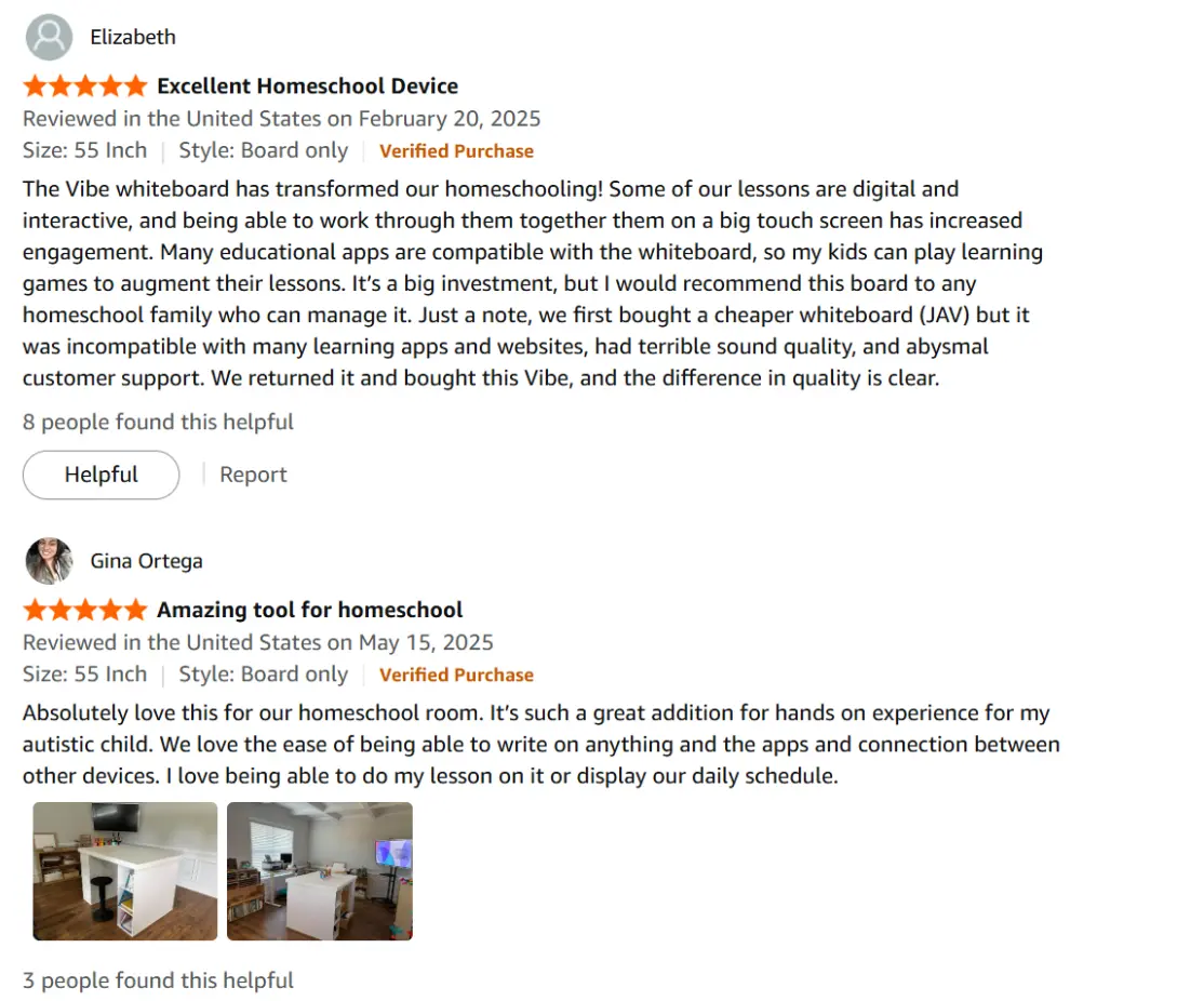 Amazon customer reviews praising Vibe Board as an excellent homeschool device with interactive, hands-on learning features