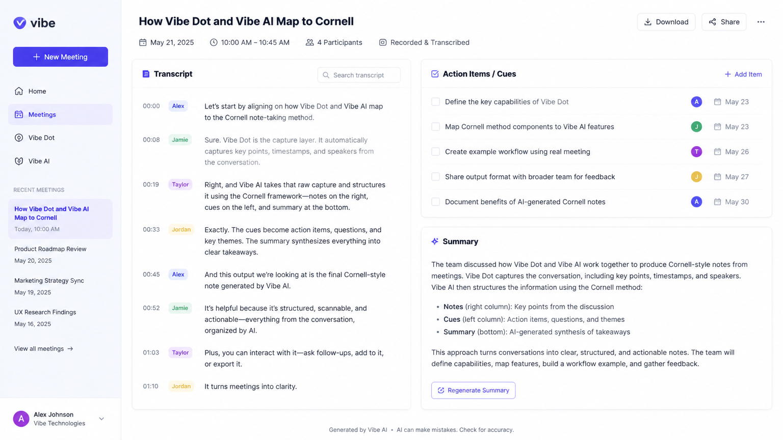 Clean digital interface showing AI-generated structured notes with sections for transcript, action items, and summary, a modern take onCornell's three zones