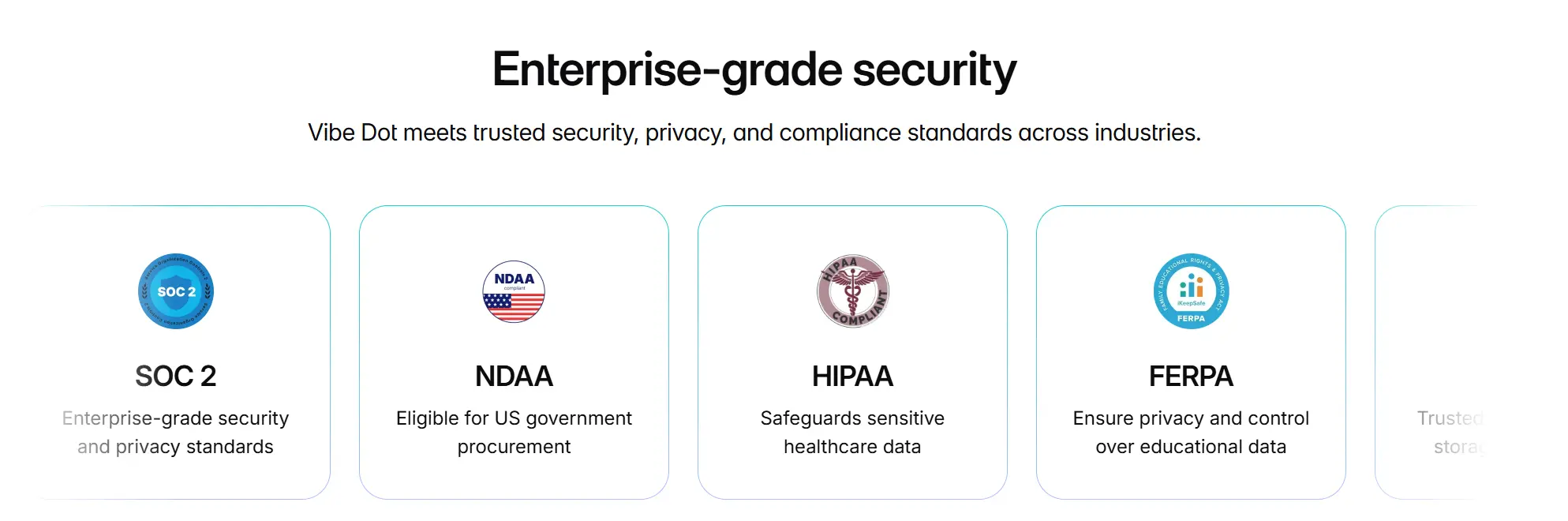 Vibe Dot's security stack — hardware encryption chip, SOC 2 Type 2, HIPAA, FERPA, NDAA badges