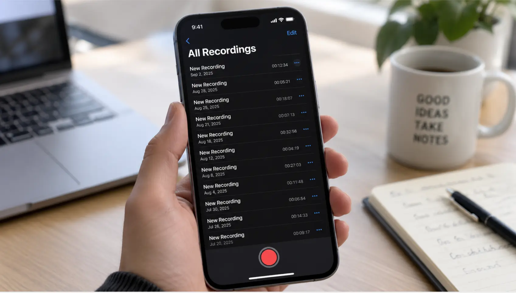 A phone showing a voice memo app with dozens of untitled recordings stacked up, the oldest dated weeks ago