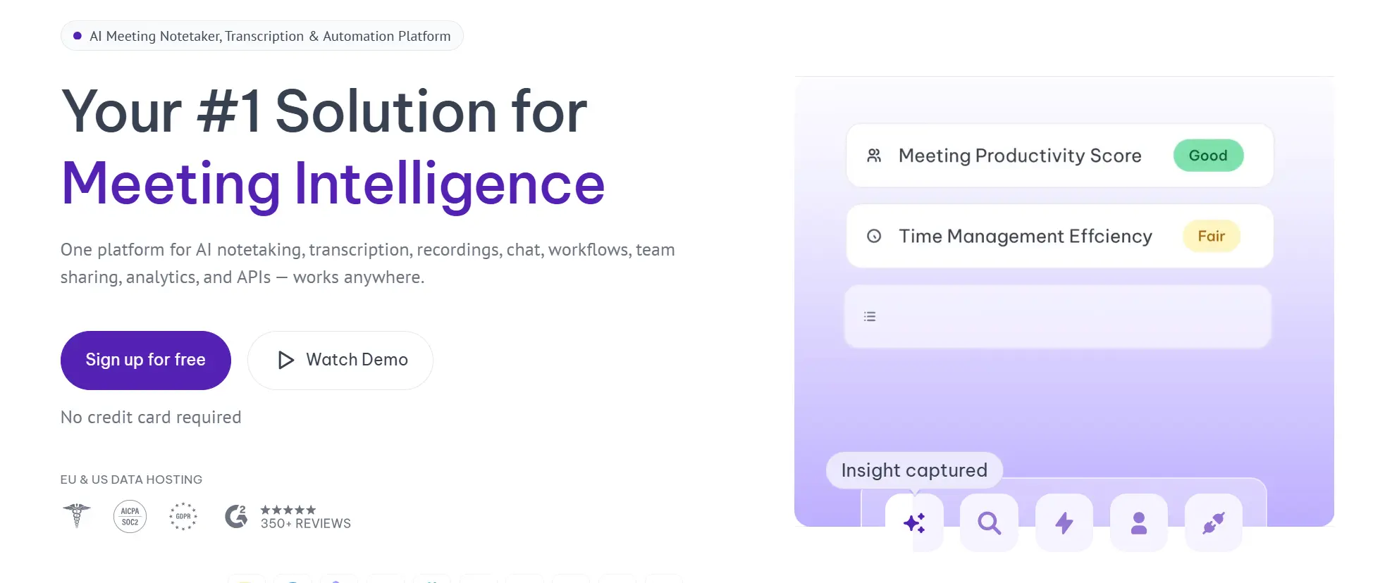 Meetgeek AI meeting notetaker homepage with productivity scoring and compliance badges