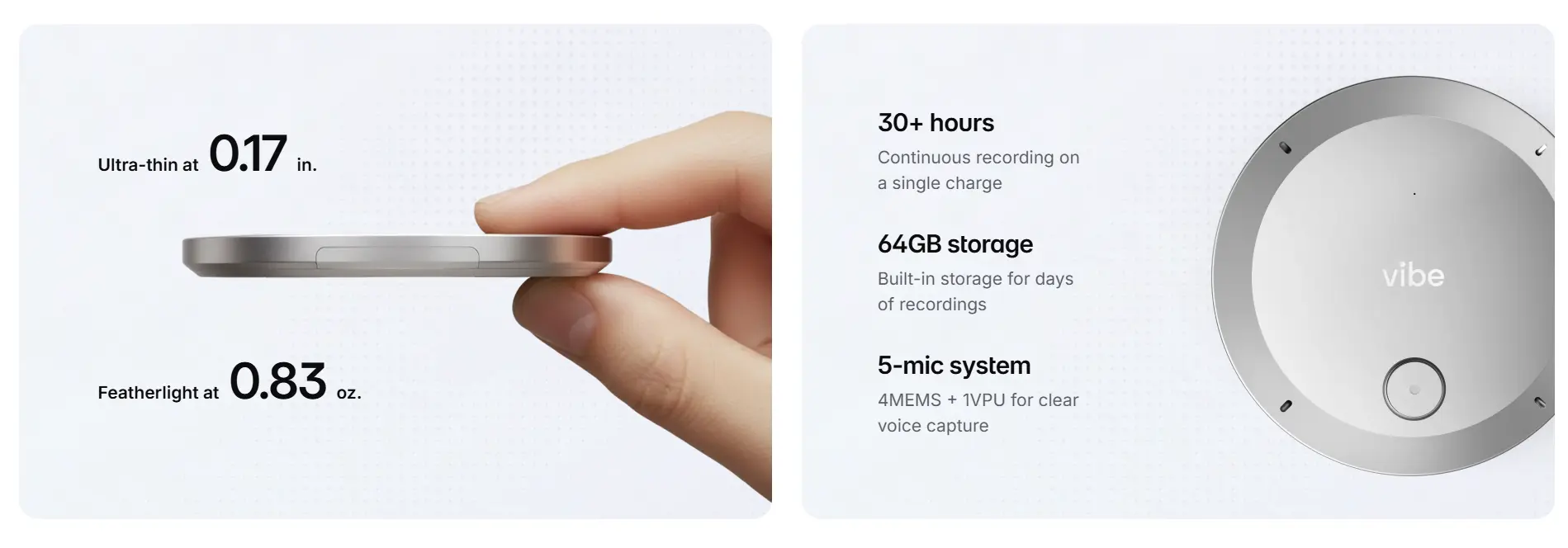 Vibe Dot specs: 0.17-inch thin, 0.83 oz, 30+ hour battery, 64GB storage, and 5-mic system for clear voice capture