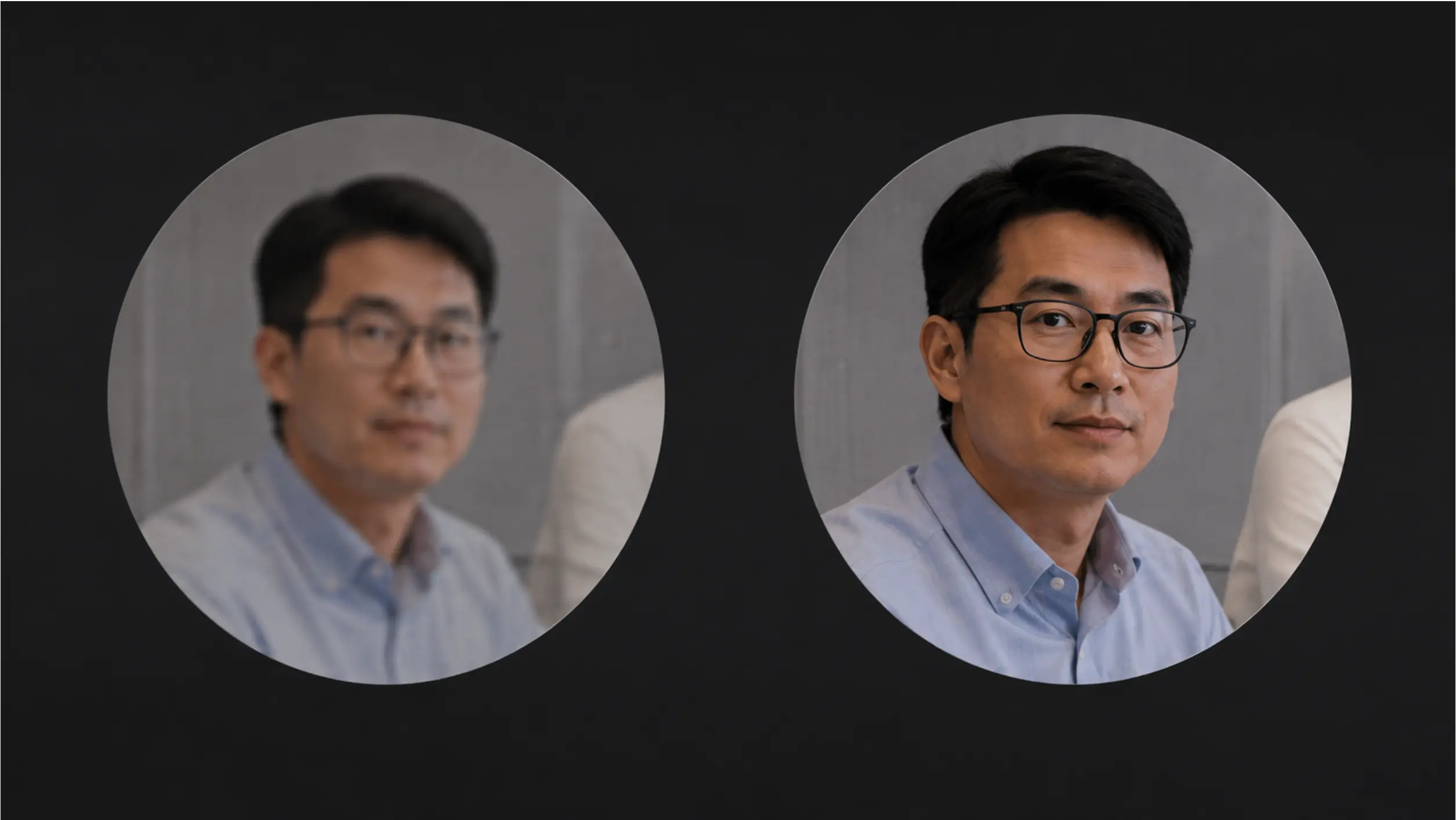 Comparison of a 2019-era fixed wide-angle camera output vs. a 2025 AI auto-framing camera output in the same 12-person conference room