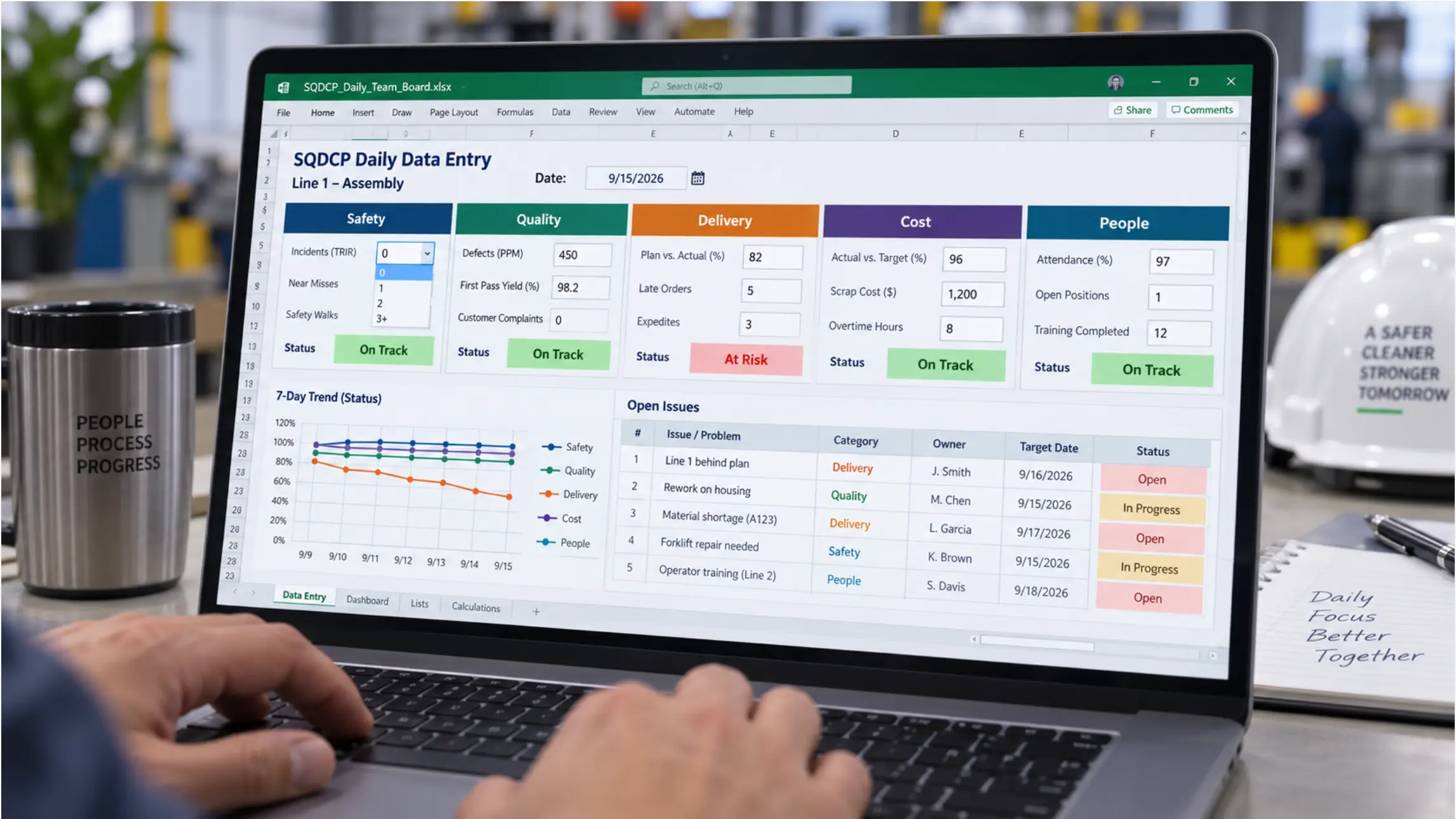 Close-up of the Excel SQDCP template data entry view on a laptop screen