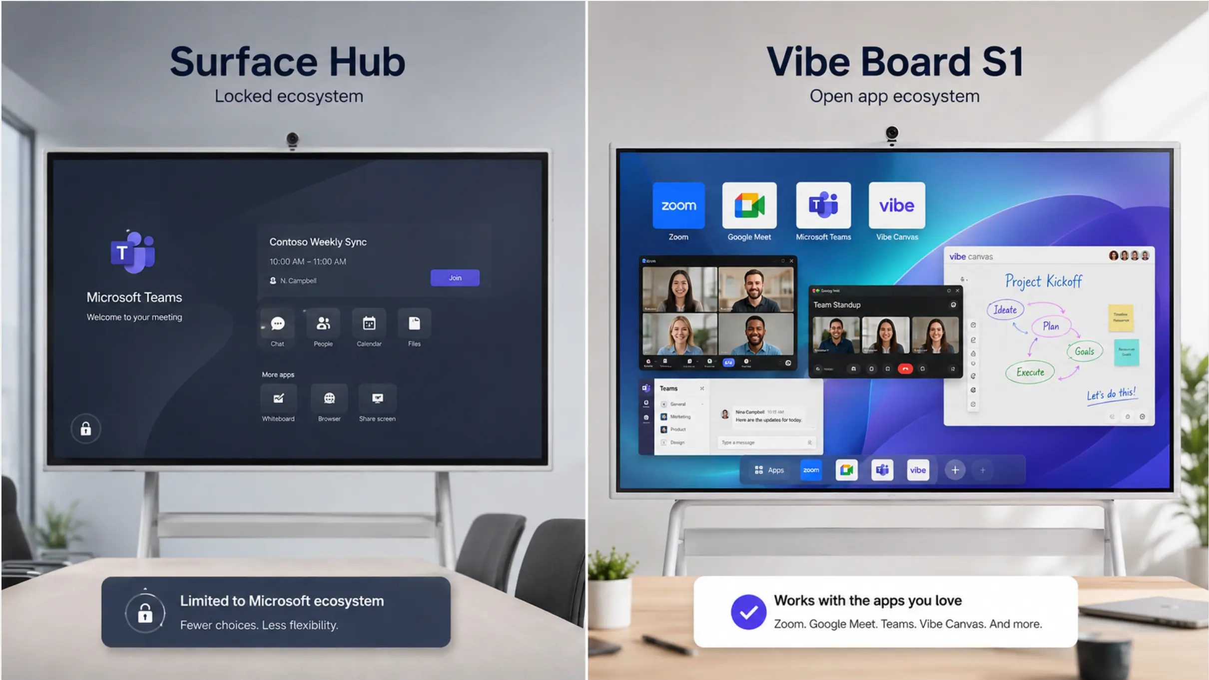 Surface Hub's locked Teams interface vs. Vibe Board S1's open app ecosystem with Zoom, Meet, Teams, and Vibe Canvas