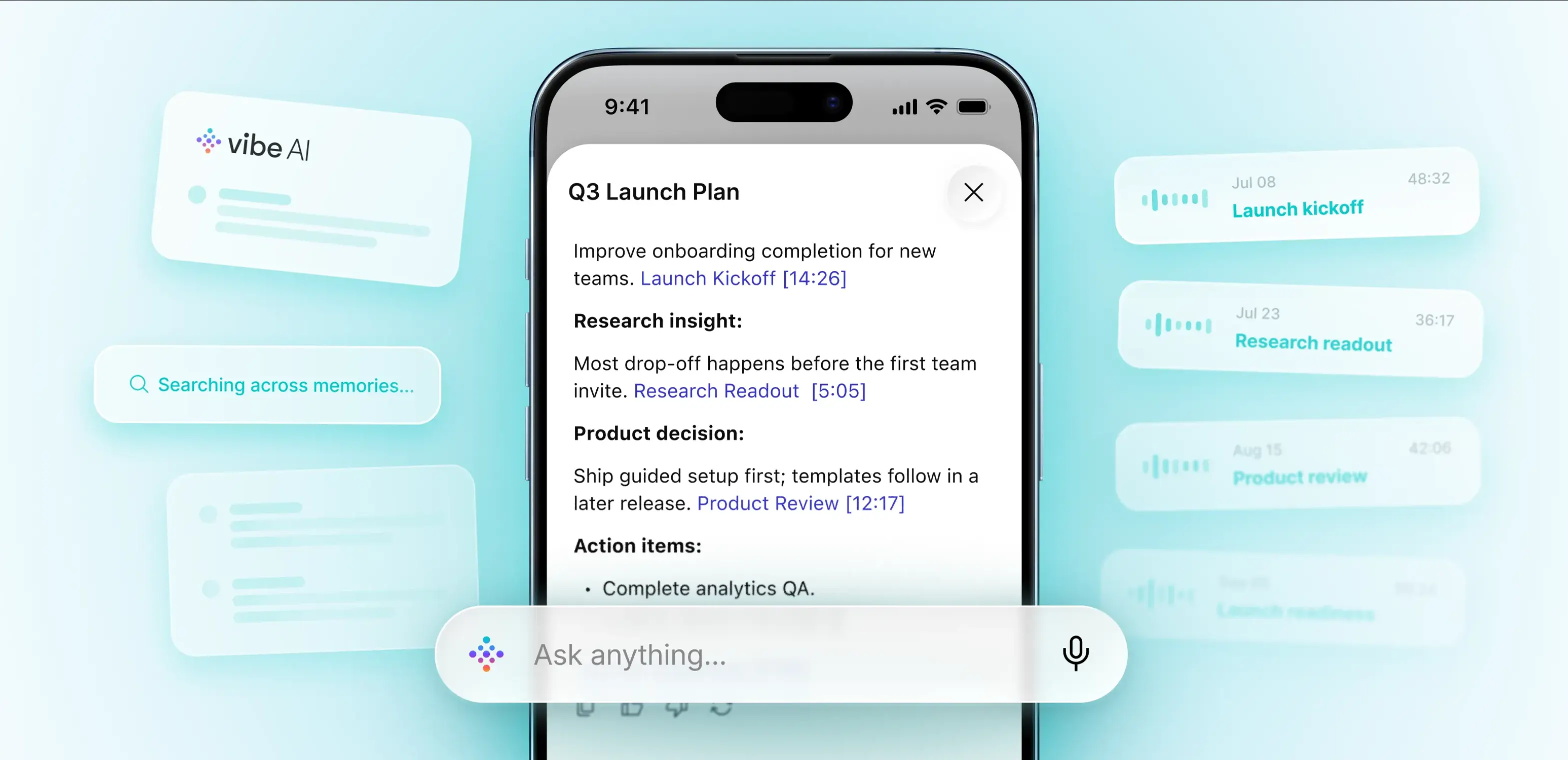 Vibe AI app showing Q3 Launch Plan from meeting memories