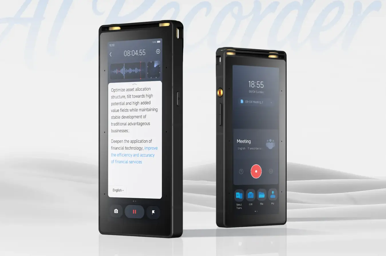 iFLYTEK SR702 handheld AI recorder with touchscreen showing transcription and meeting interface