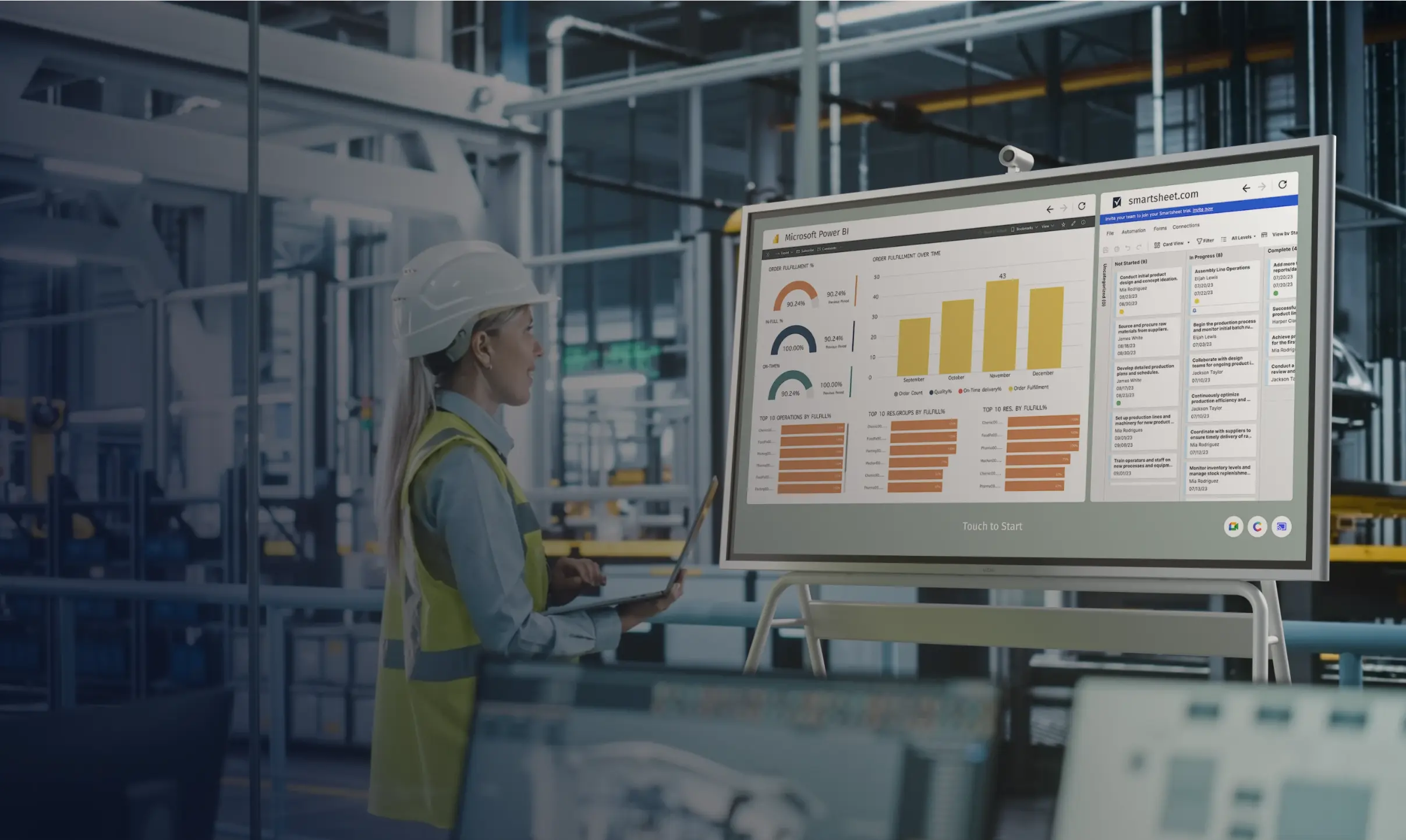 Board in a manufacturing meeting room showing a live Power BI dashboard with production metrics — team members pointing at the screen during a shift review