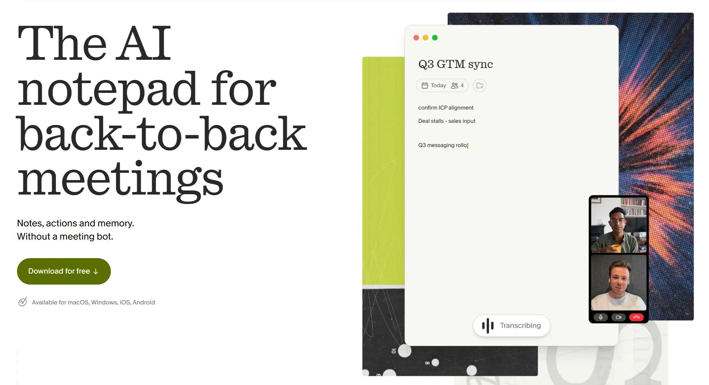 Granola AI notepad homepage showing bot-free meeting notes and live transcription
