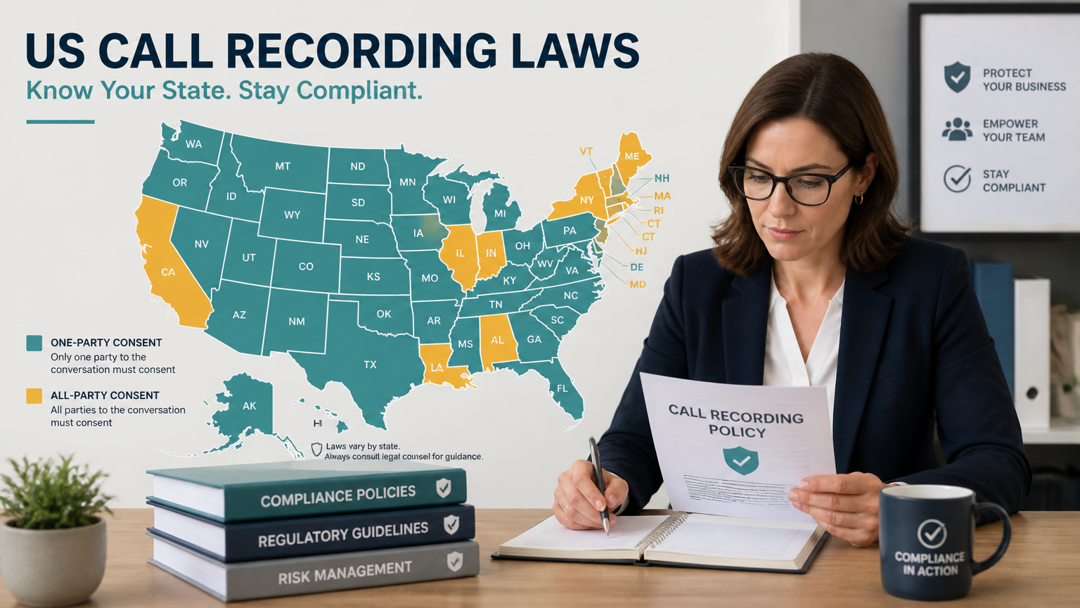 A US map with states color-coded by recording consent requirement, teal for one-party consent states, amber for all-party consent states, alongside a compliance officer reviewing policy documents on a desk.