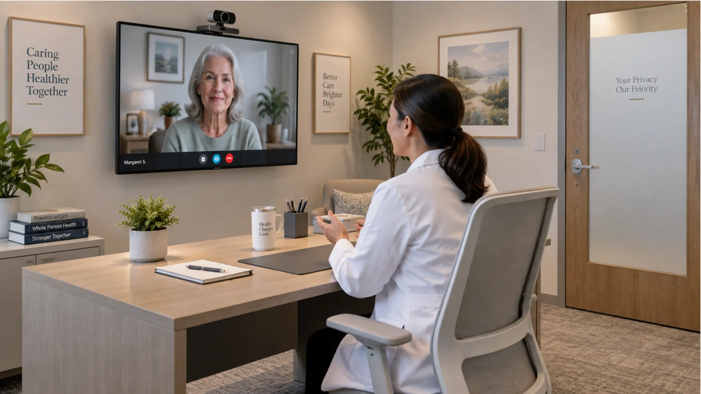 A clean, well-lit telehealth consultation room — large display showing a patient video call, wall-mounted camera at eye level, clean desk with no visible cabling, privacy screen on the door