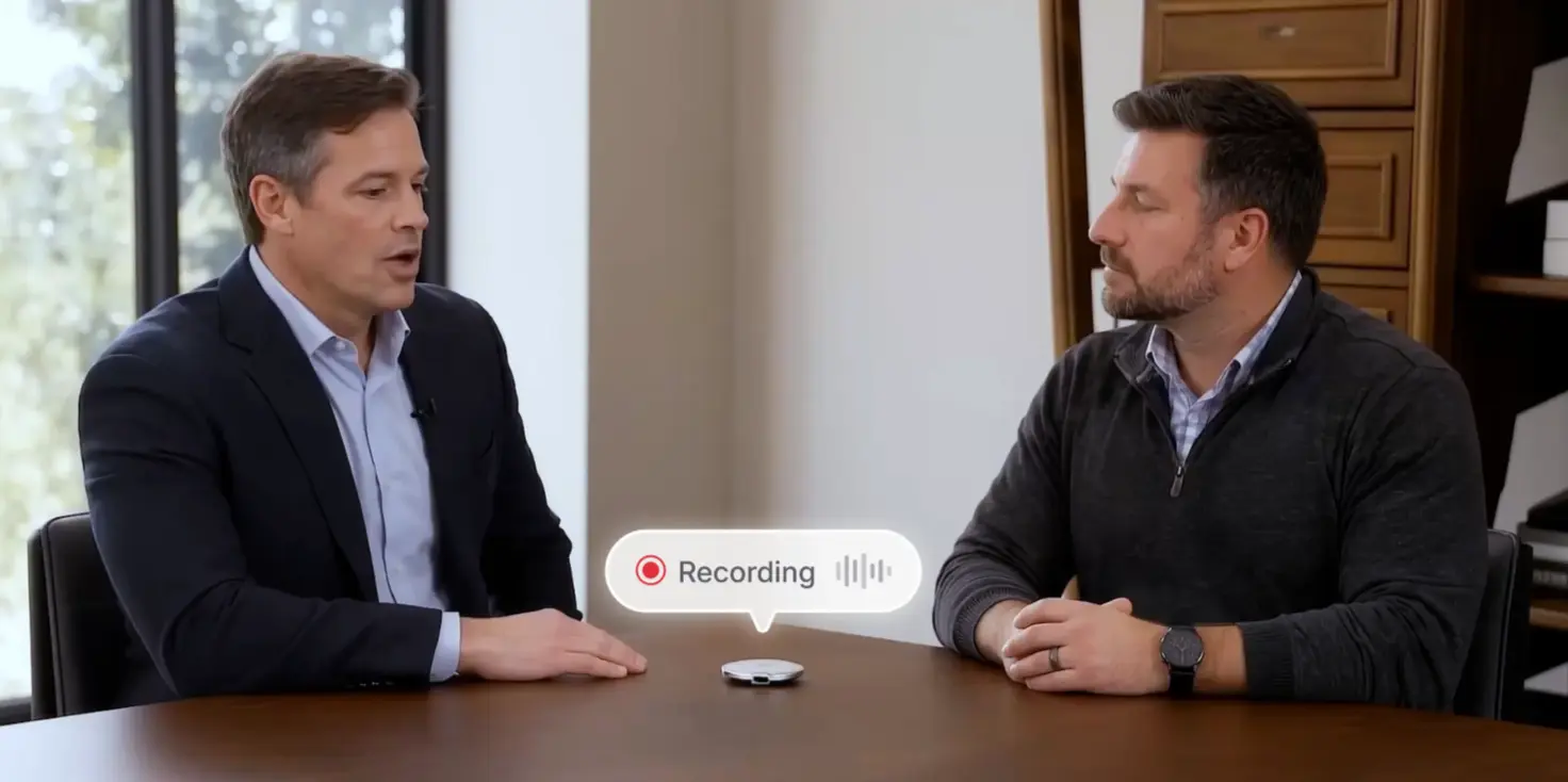 Two men in an in-person business meeting with a Vibe Dot AI recorder on the table showing a live Recording indicator