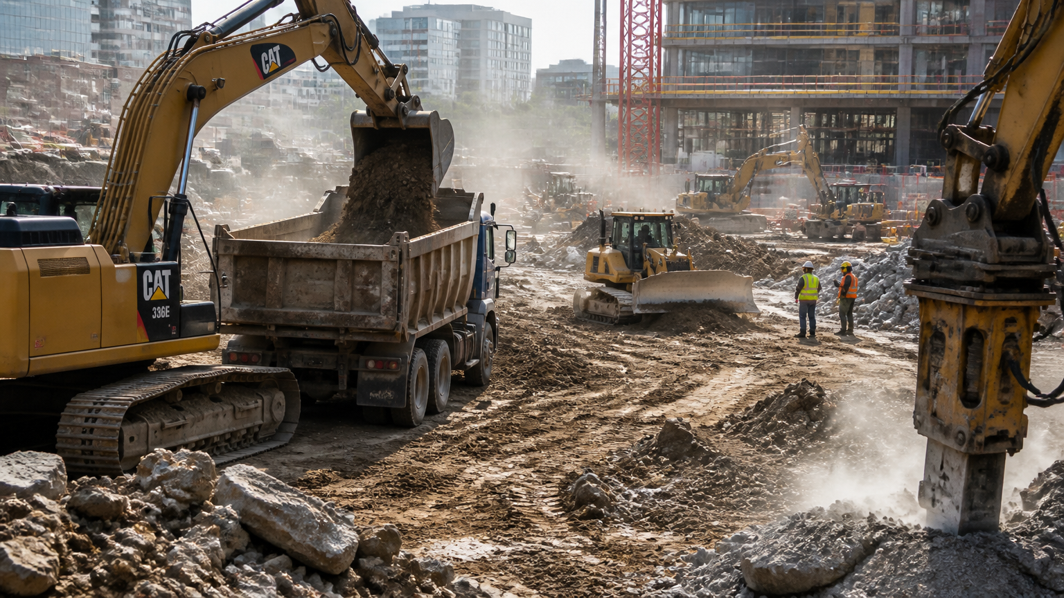 Heavy construction equipment operating on an active jobsite, workers in hard hats and hearing protection, dust and machinery in the background