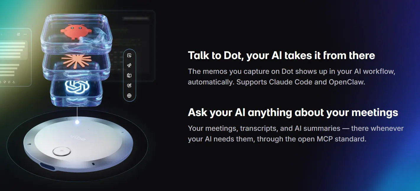 Vibe Dot AI recorder with layered illustration showing MCP-based integration with Claude, ChatGPT, and other AI workflows