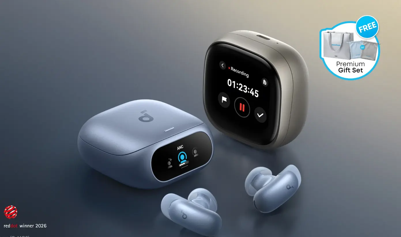 Soundcore Work AI wireless earbuds and charging case with recording interface