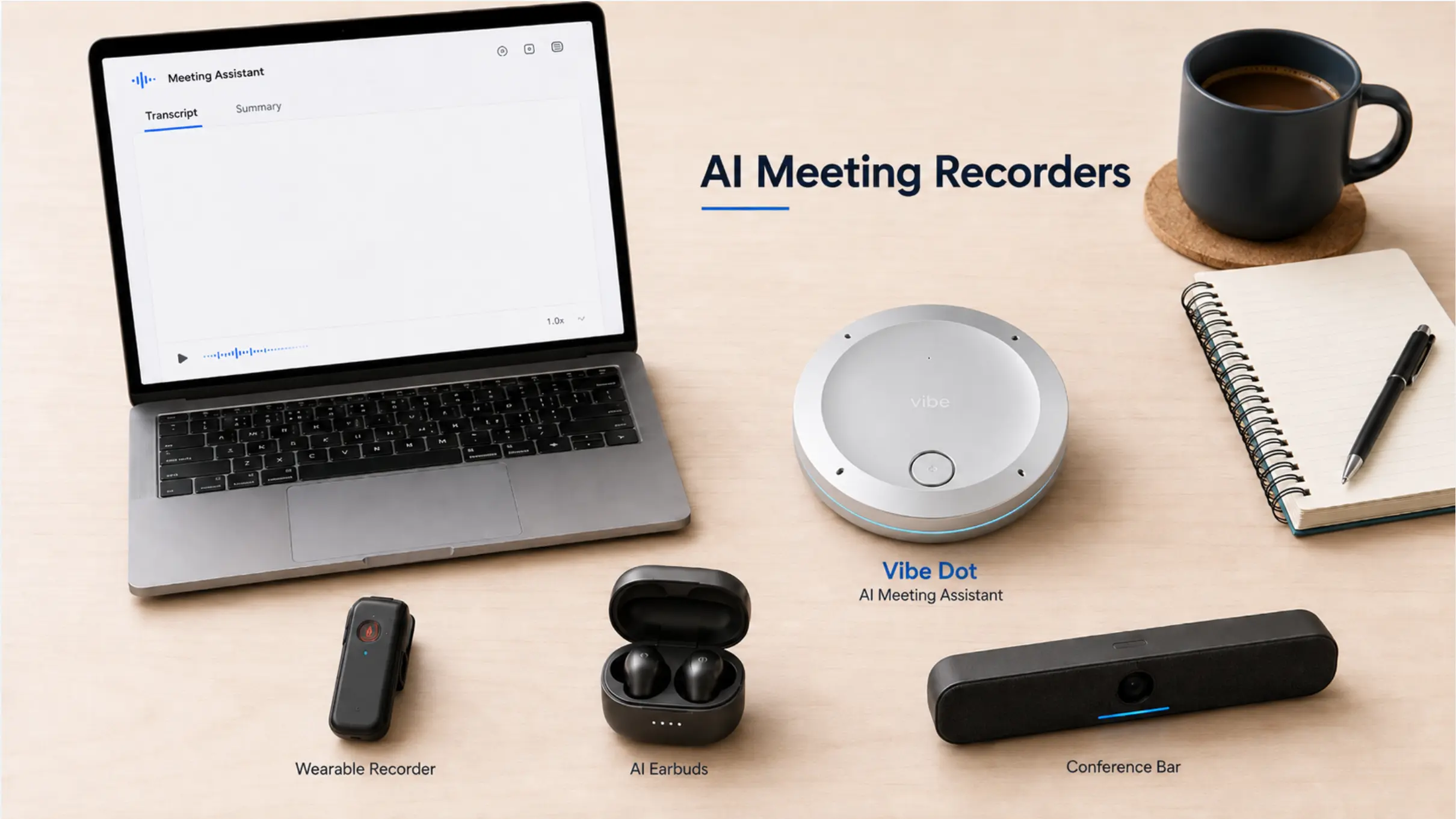 Comparison flatlay of top AI meeting recording devices, including wearable and desk-placed hardware options