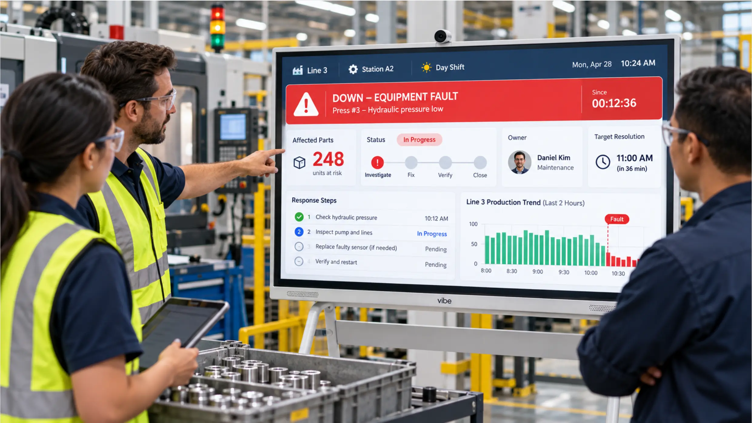 Manufacturing team reviewing equipment fault alert and production trend data on a Vibe Board in a factory setting