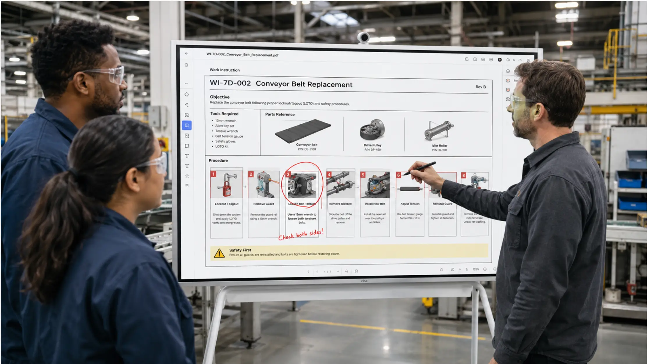A Vibe Board in a manufacturing setting showing an annotated PDF work instruction at full scale — a process engineer circling a step on the screen with a stylus while two operators look on