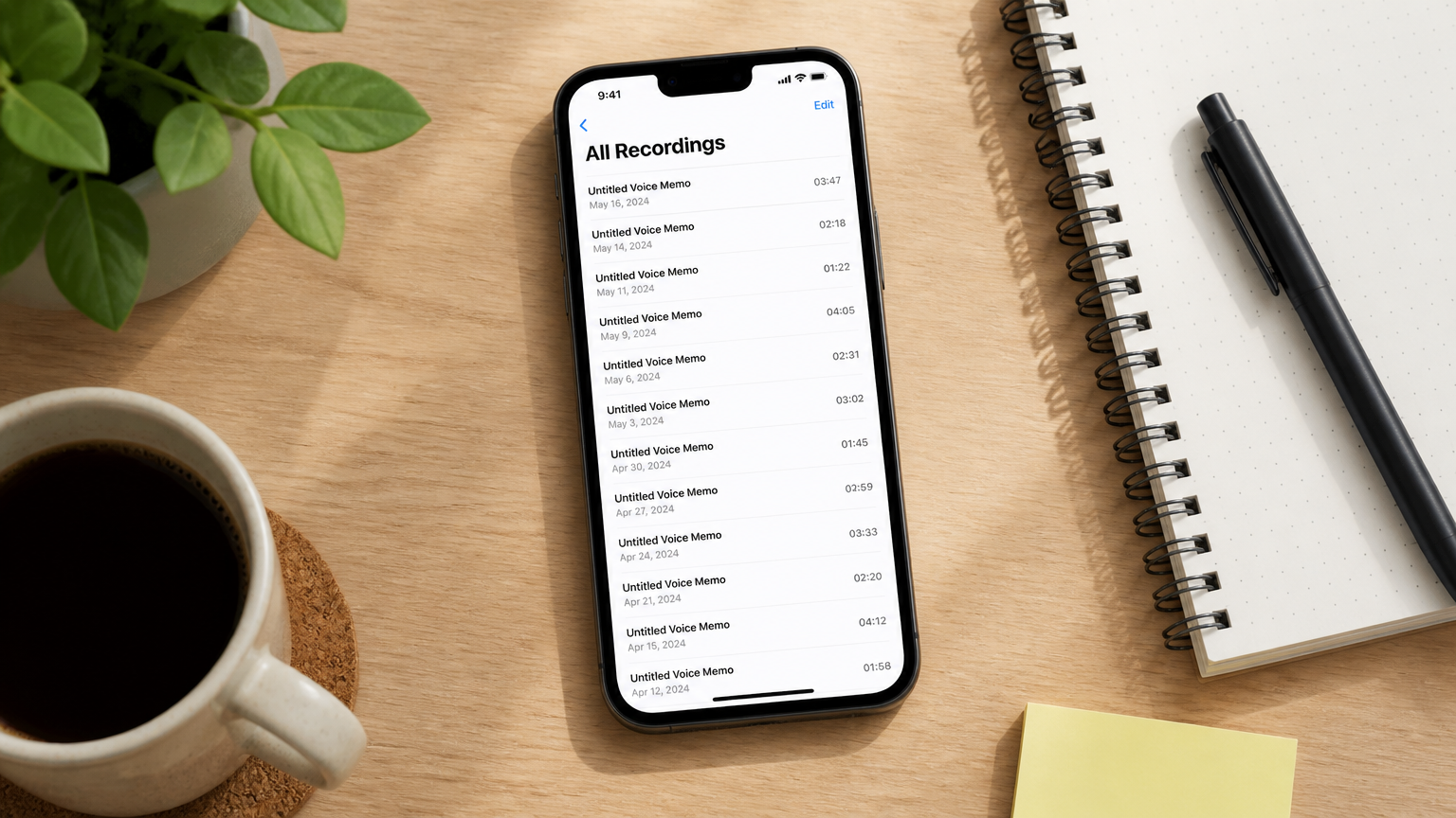 A desk with a smartphone showing a long list of untitled voice memos dated over several weeks, the recording graveyard that capture-first tools leave behind.