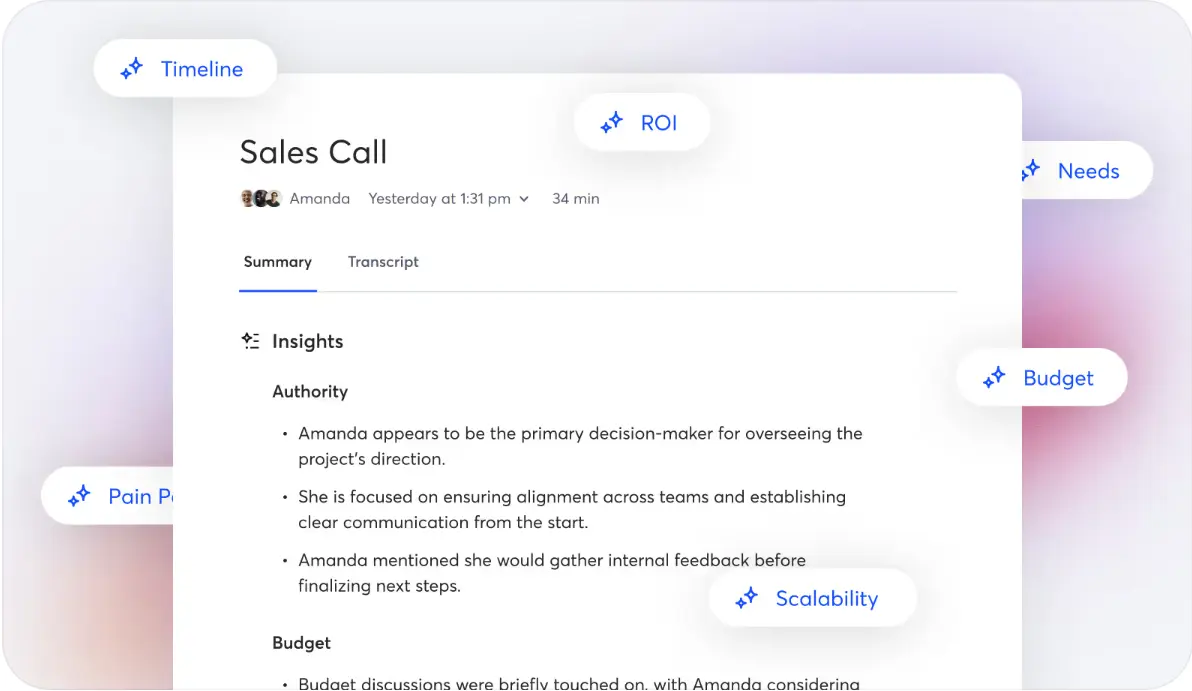 Otter.ai dashboard showing sales call AI summary with insights and key topic tags