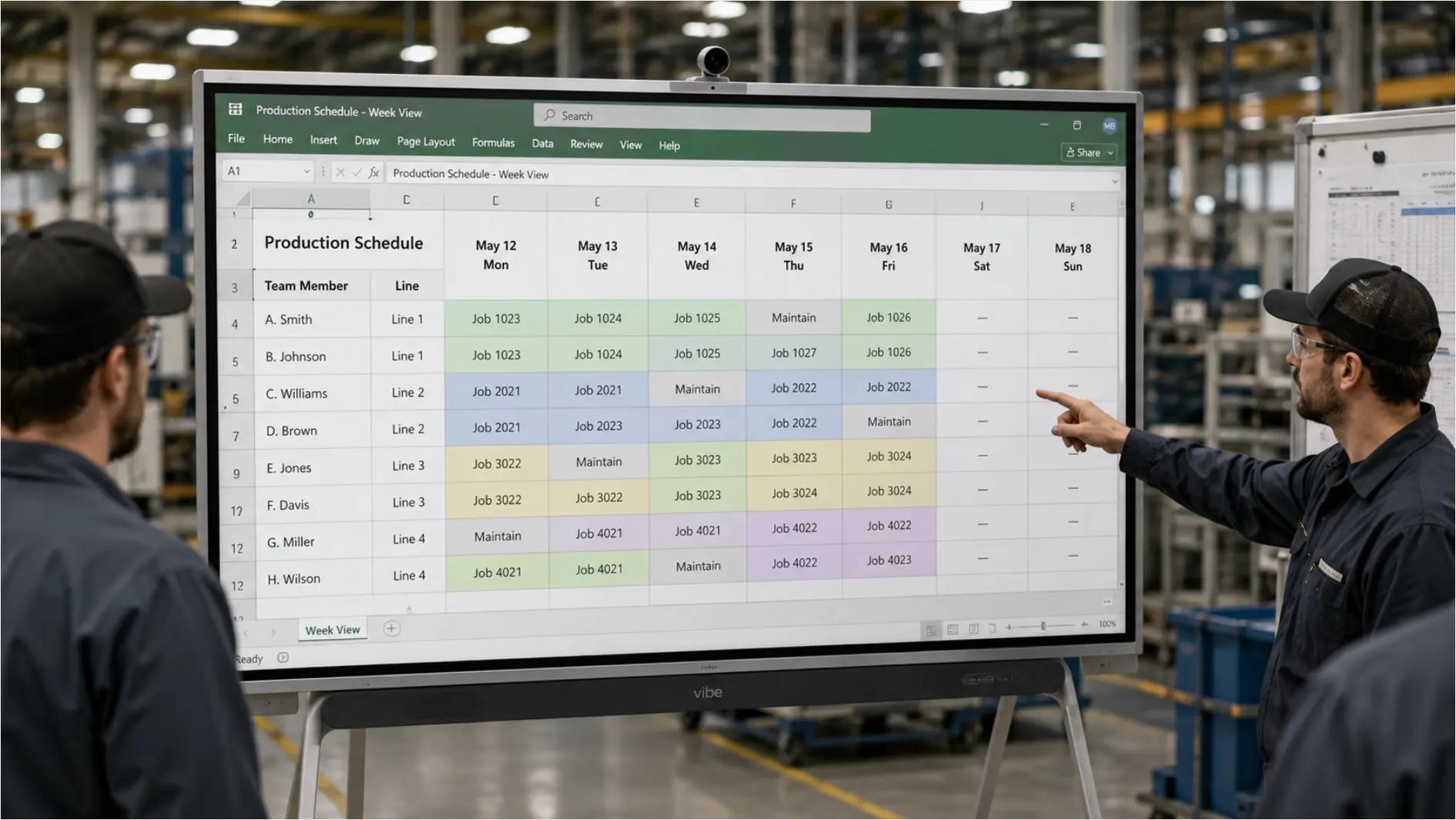 Vibe Board showing a live Excel production schedule with names down the left and daily tasks across — the same file the planner built the night before, now visible on the floor