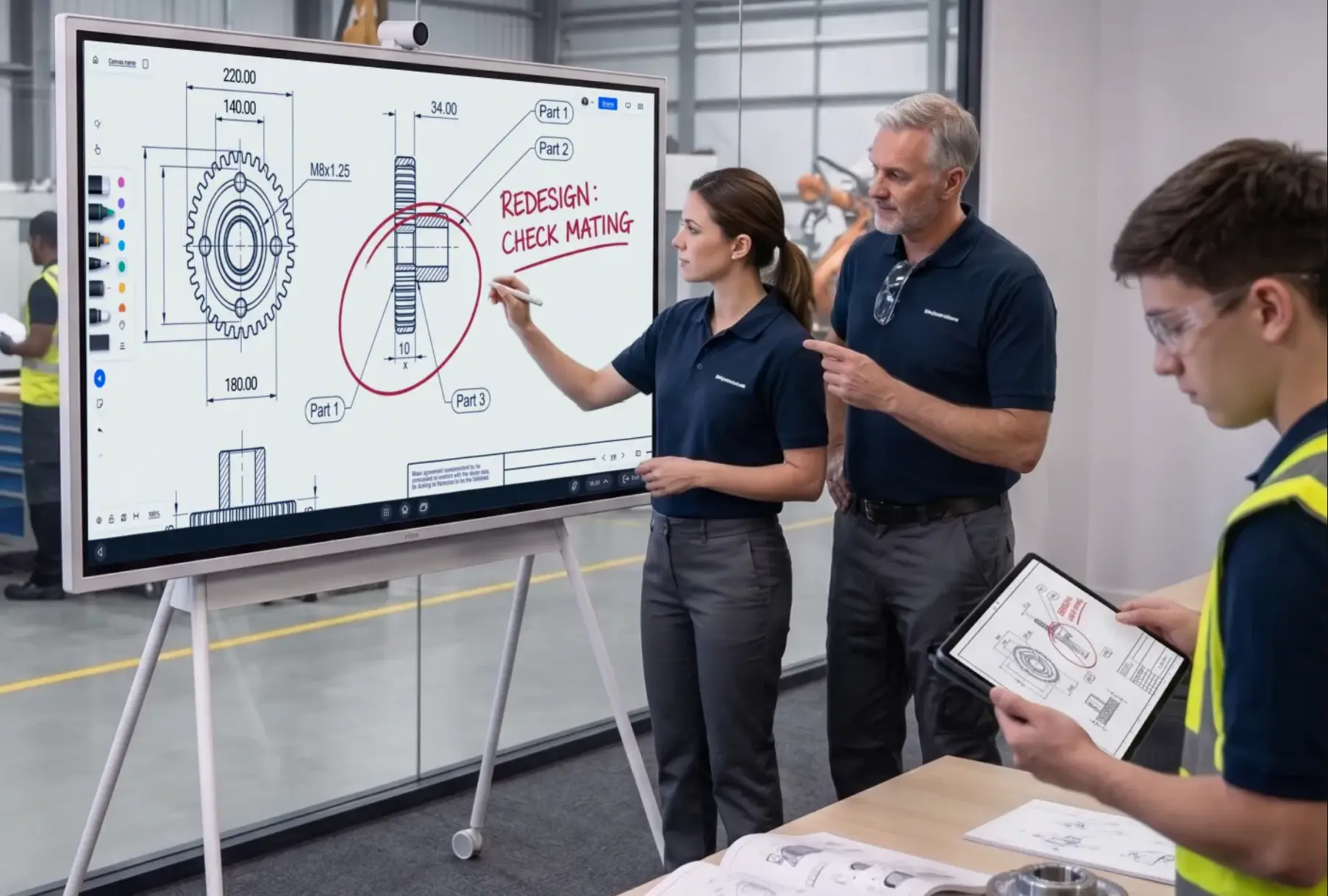 Engineers review a gear drawing on a Vibe Board interactive display with Vibe Canvas, marking a redesign note in a factory