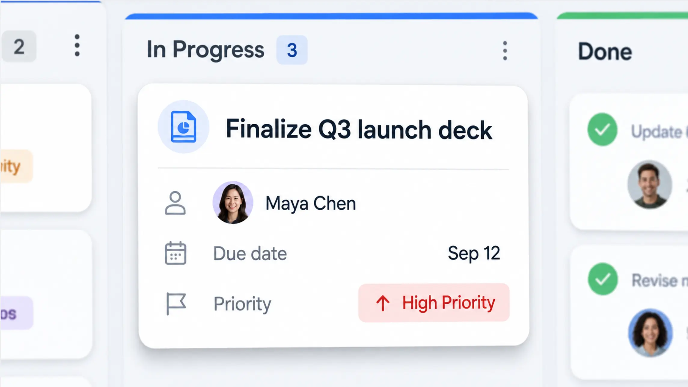 Close-up of a digital kanban card showing task name, assignee, due date, and priority label