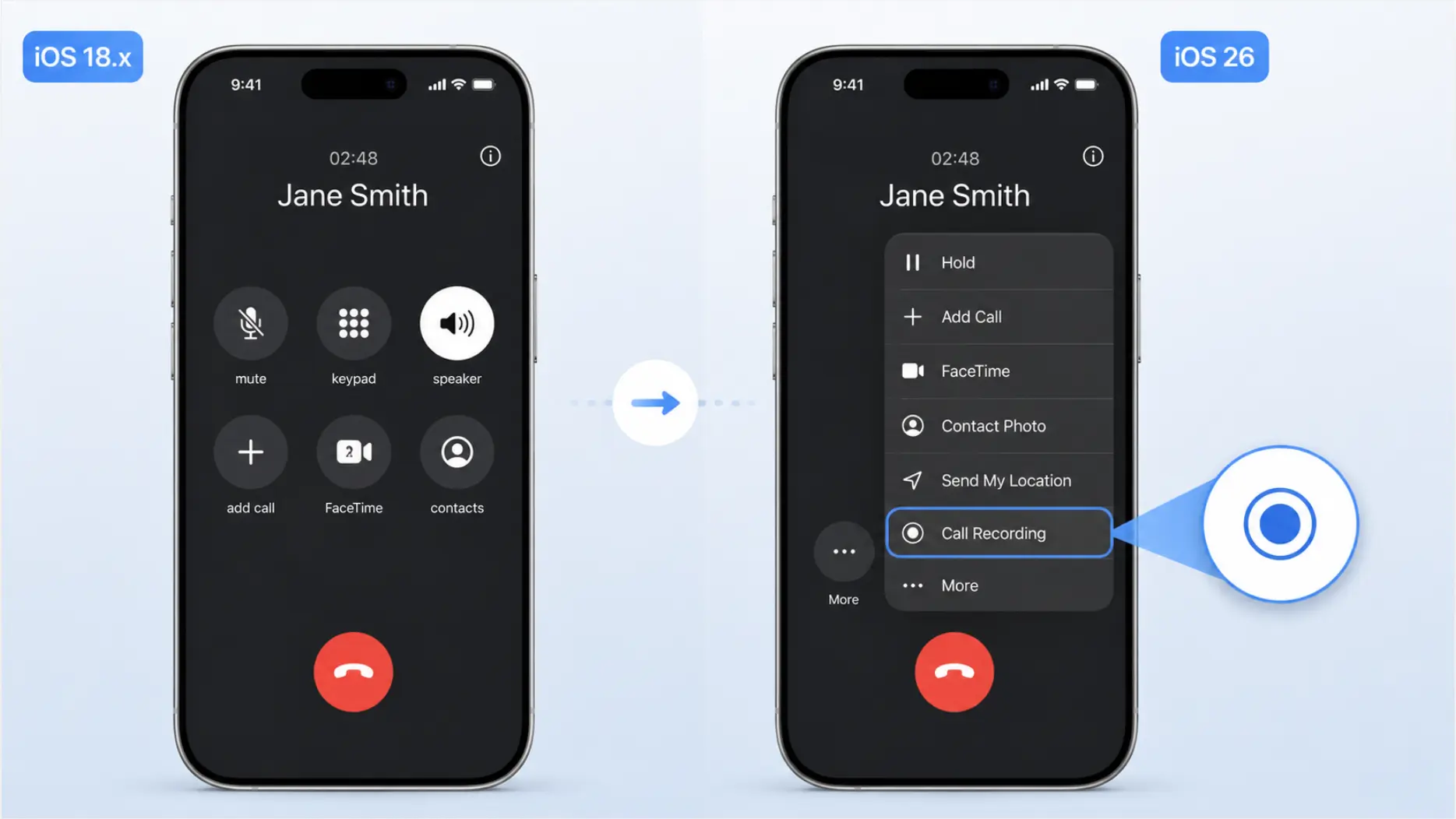 How to find the Call Recording button in iOS 18 vs iOS 26