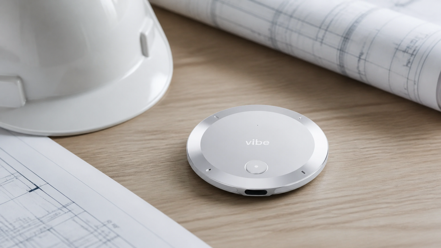 Vibe Dot wearable AI recorder resting on a workbench beside blueprints and a hard hat