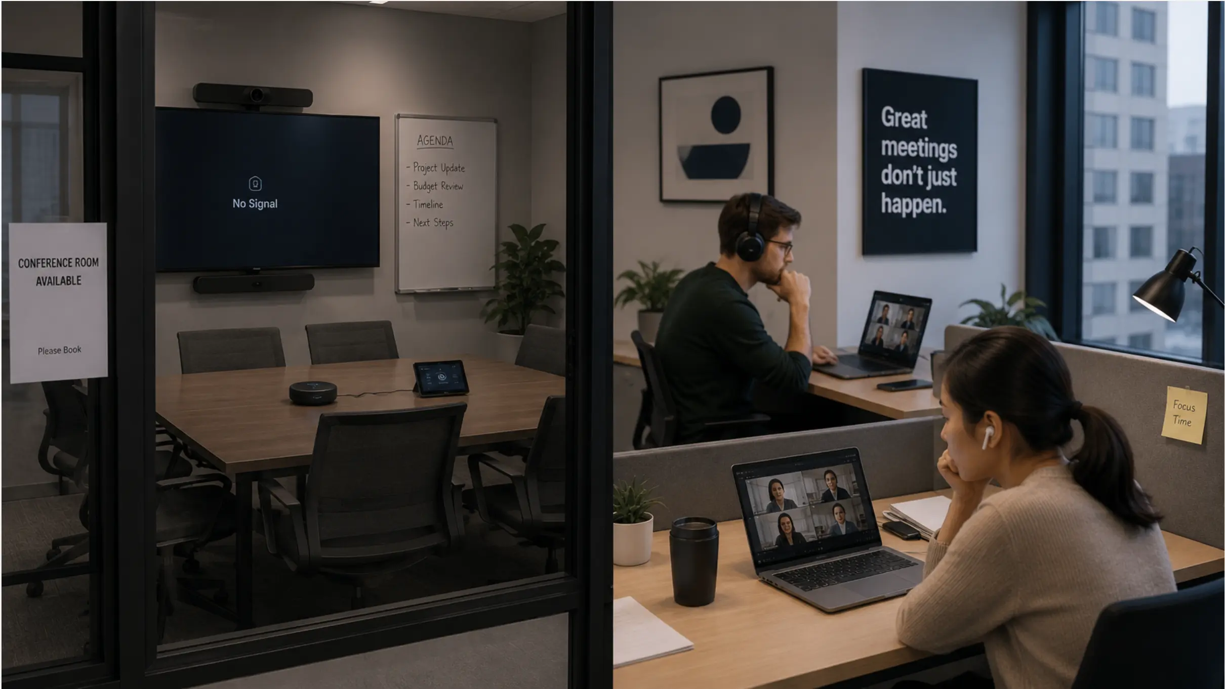 Empty conference room with "No Signal" display next to employees joining meetings from their desks